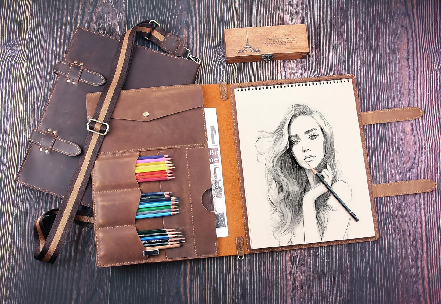 Robrasim Handmade Leather Sketchbook Cover, Artist Sketch Pad Holder for 11"X14" Top Spiral Bound Sketchbook, Drawing Book Pencil Case, Journal Portfolio with Shoulder Strap, Artist Gifts,Brown
