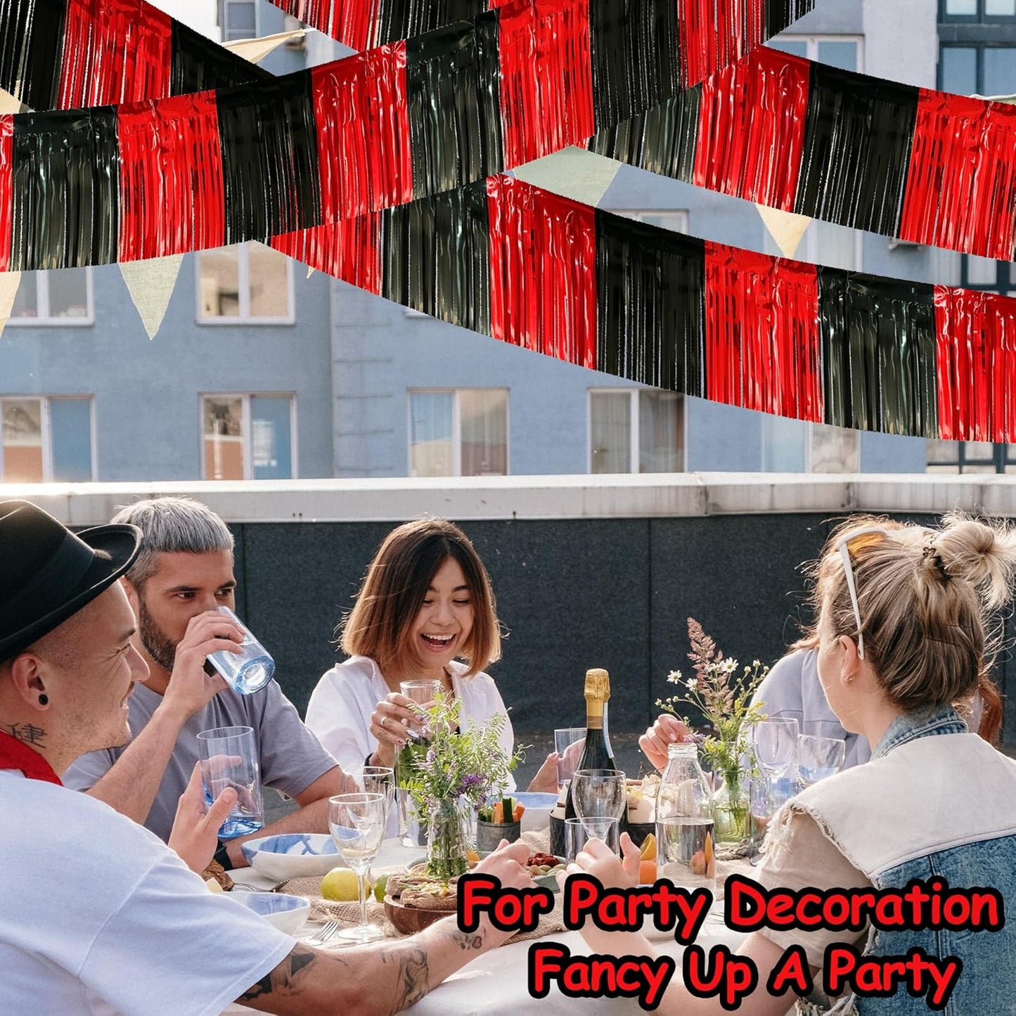4 Pack 10 Feet Black Red Parade Floats Foil Fringe Garland Metallic Tinsel Streamers Banner Fringe Curtain Banner for Halloween Graduation Homecoming Birthday Party Decorations (Black, Red)