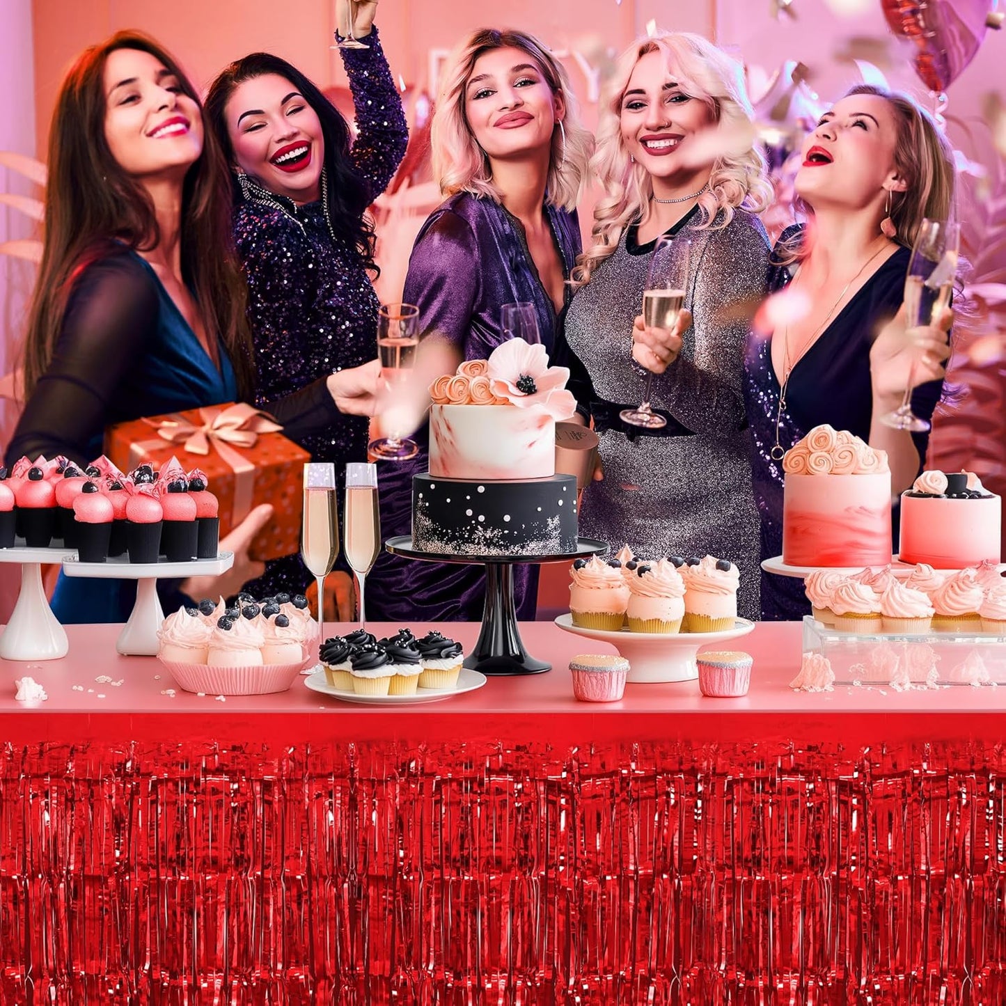 2 Pack Red Dark Blue Table Skirts, 29x108" Metallic Foil Tinsel Fringe Table Skirt for Rectangle Tables Streamer Curtains Backdrop, Party Decorations for Birthdays, Weddings, Holidays