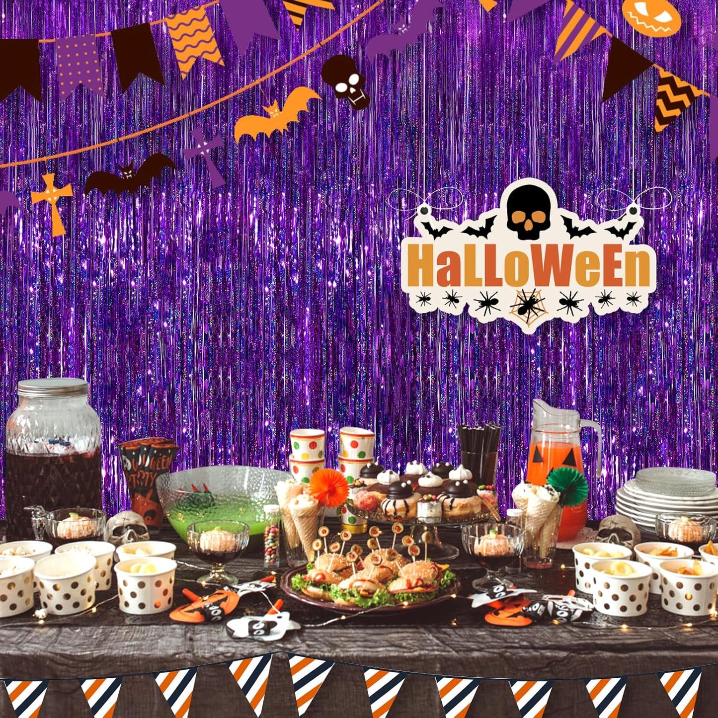 2 Pack Purple Metallic Tinsel Foil Fringe Curtains, Purple Streamers 3.3 x 8.3ft Party Streamers for Birthday Party Decorations, Foil Curtain Backdrop for Wedding Bachelorette Party, Halloween Decor