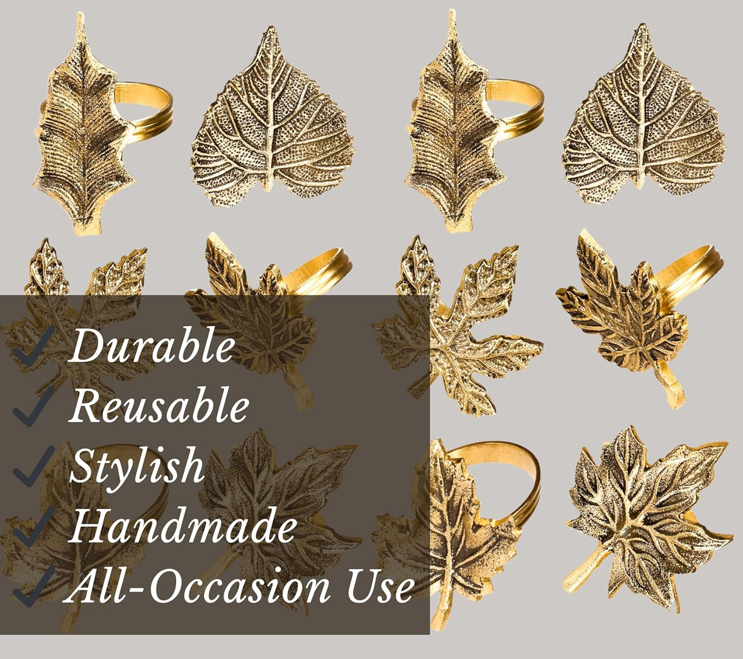 Rustic Napkin Rings Set of 12 - Elegant Leaf Napkin Holders for Dining Table, Wedding, Party, Holiday & Everyday Use - Handmade Decorative Table Accessories (Antique Gold) - ALPHA Living HOME