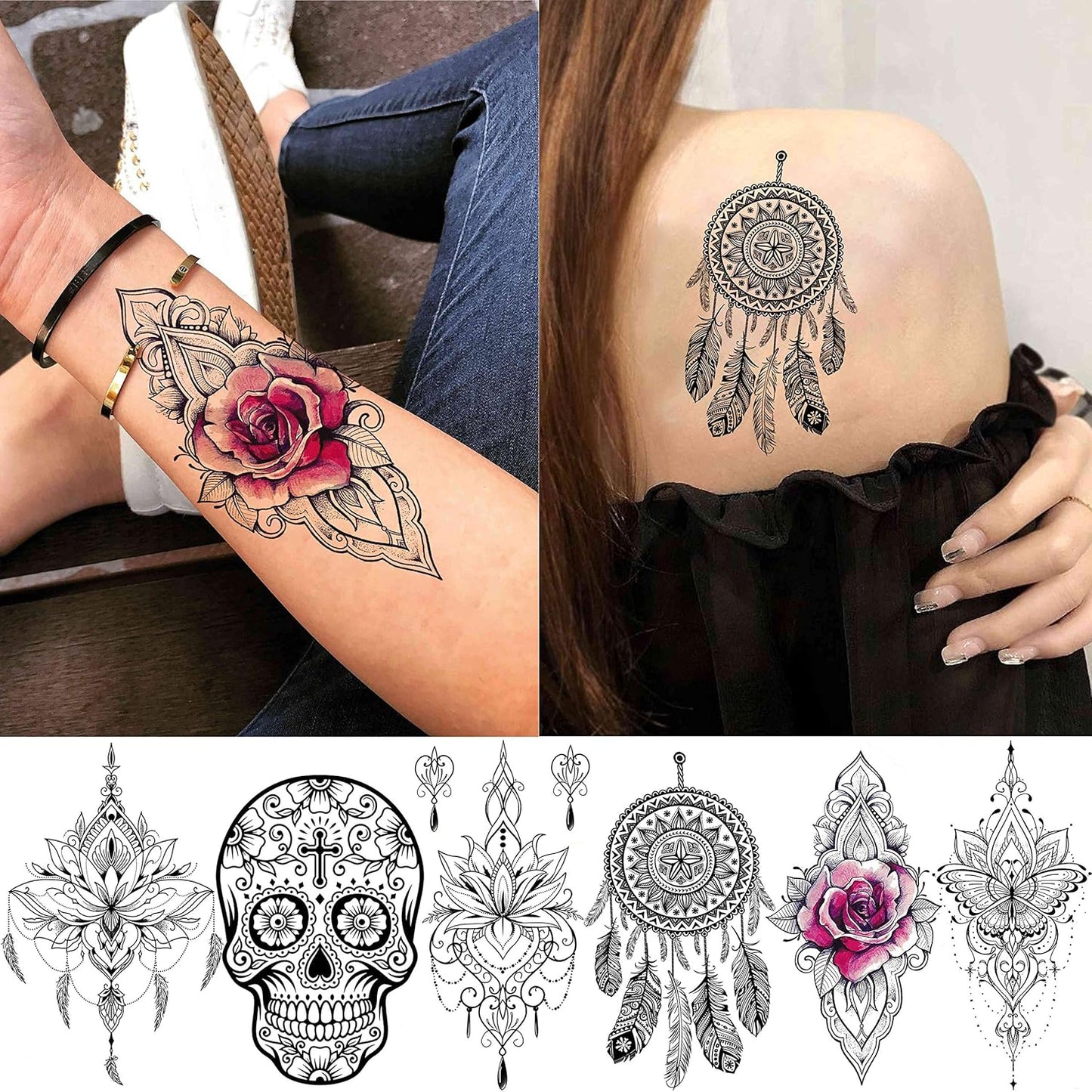 28 Sheets Tribal Black Temporary Tattoos For Women Girls, Waterproof Fake Tattoos Temporary Elephant Ganesha Lace Tattoo Kits, Lotus Mandala Flower Tatoo Sticker Moon Neck Chest Arm Butterfly