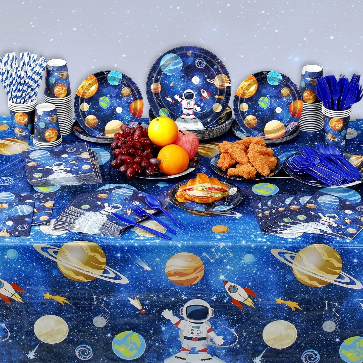 452 Pcs Space Birthday Party Decorations for 50, Solar System Paper Plates Napkins Cups Tablecloth Cutlery Straws Astronaut Tableware Set for Birthday Baby Shower Party Supplies