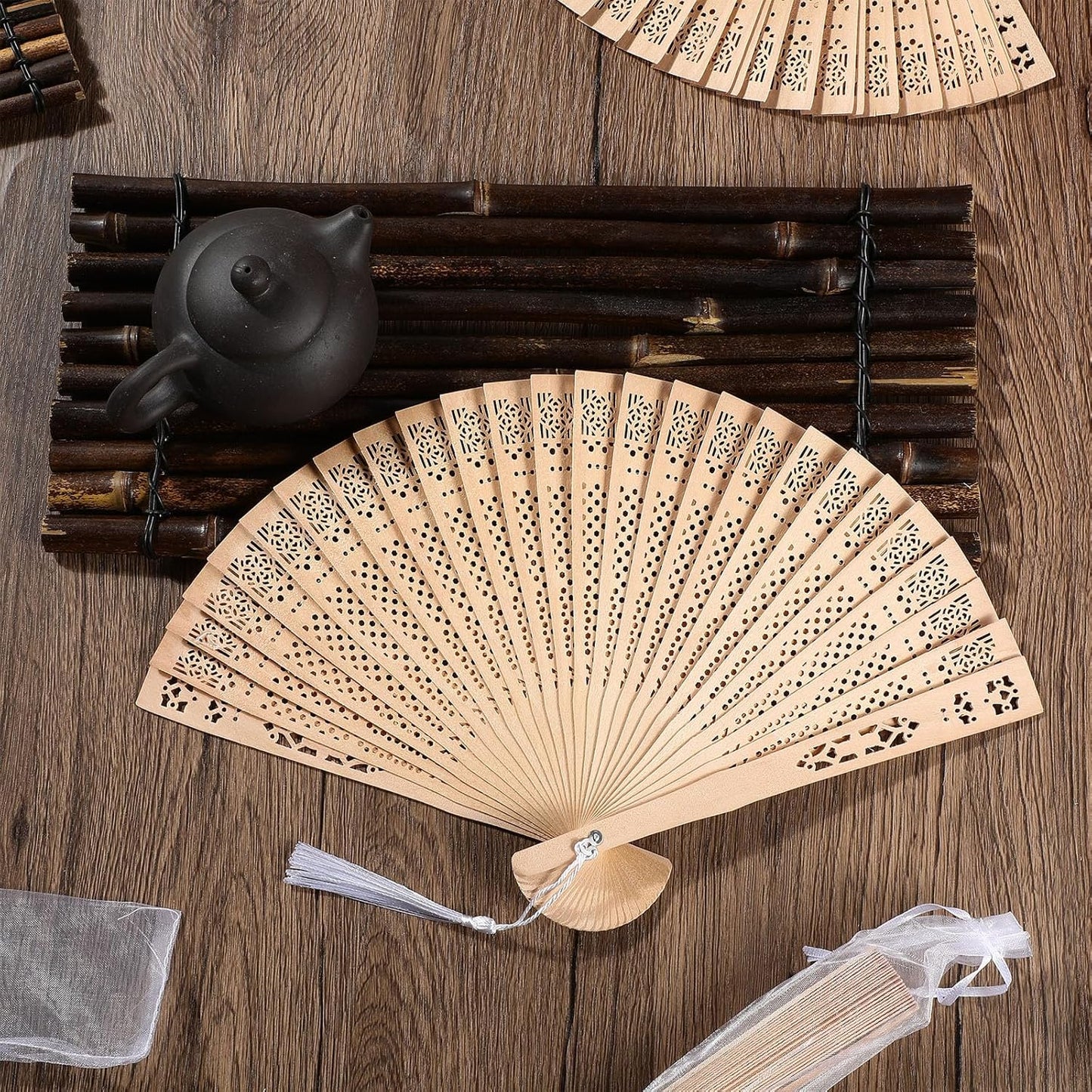 Qunclay 60Pcs Wooden Hand Fans Folding Wedding Fans for Guest Chinese Hollow Pattern with White Tassel and Gift Bag for Wedding Bridal Shower Birthday Party Favors Gift and Home Decor(Simple Style)