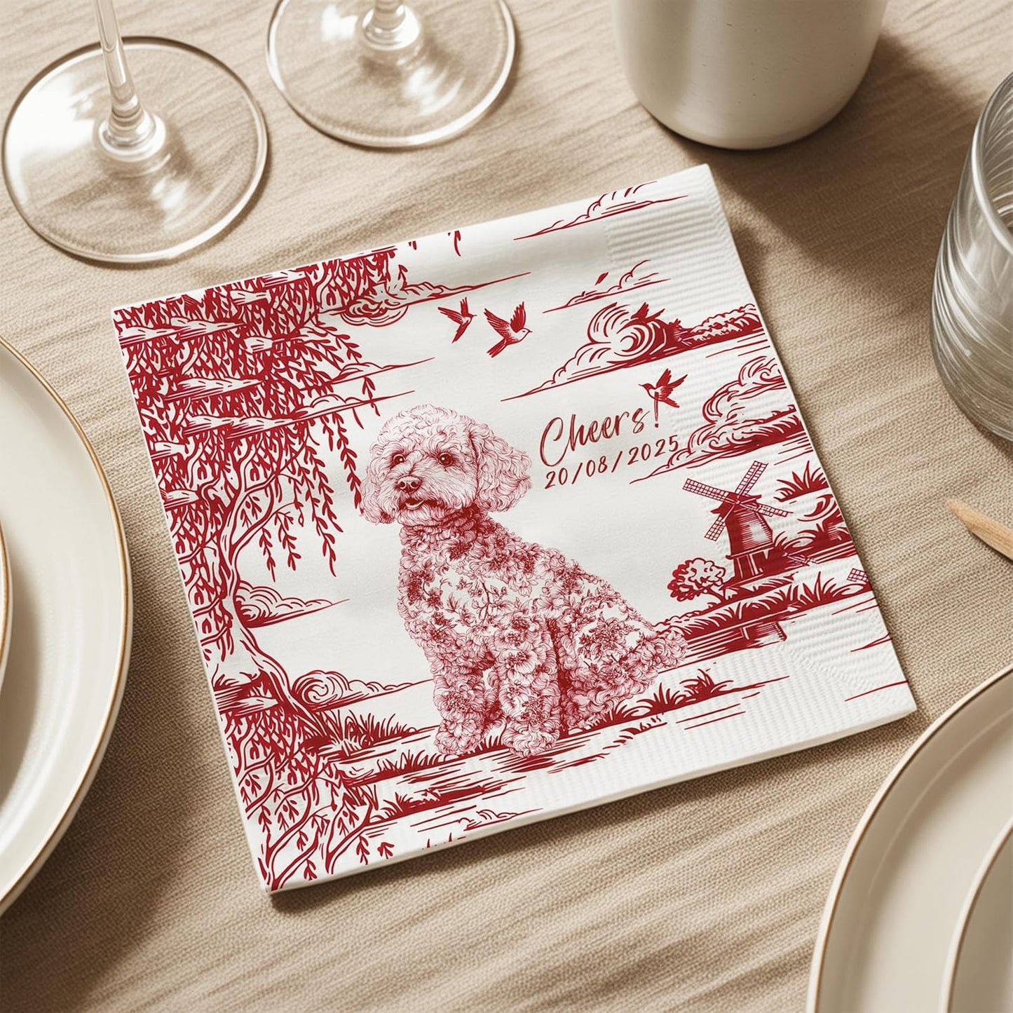 Luxury Personalized Dog Wedding Napkins, Custom Wedding Cocktail Napkins, Blue Floral Cocktail Napkin, Personalized Paper Napkin for Birthday, Engagement Party, Bridal Shower