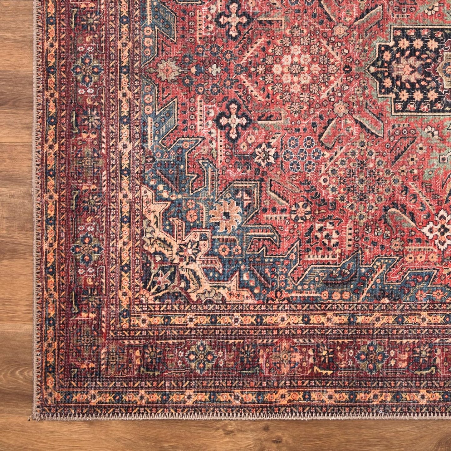 Bloom Rugs Washable Non-Slip 2' x 3' Rug - Red/Teal Blue/Yellow Traditional Medallion Area Rug for Living Room, Bedroom, Dining Room, and Kitchen - Exact Size: 2' x 3'