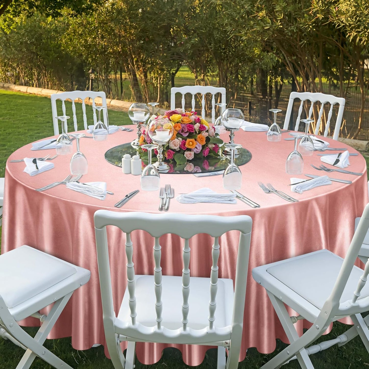 Ruisita 120 Inches Round Satin Tablecloths Rose Gold Overlay Round Satin Table Cover Bright Silk Tablecloth Smooth Fabric Tablecloth for Wedding Banquet Table Decoration