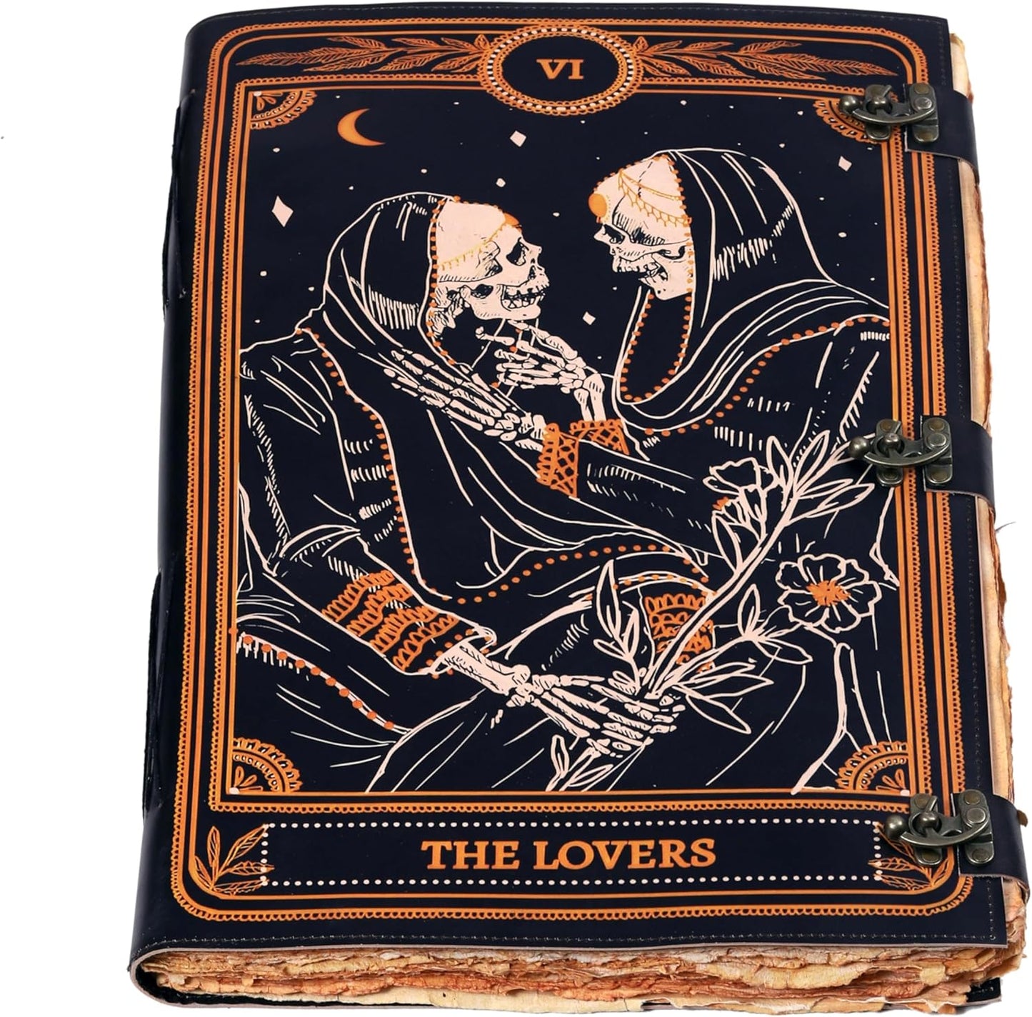 cuero Book of Spells Leather Journal Deckle Edge Paper Grimoire Printed Journal The Lovers Tarot Notebook Spiral Gothic Notebook Skull lover Antique Vintage Leather Journals for Women and Men
