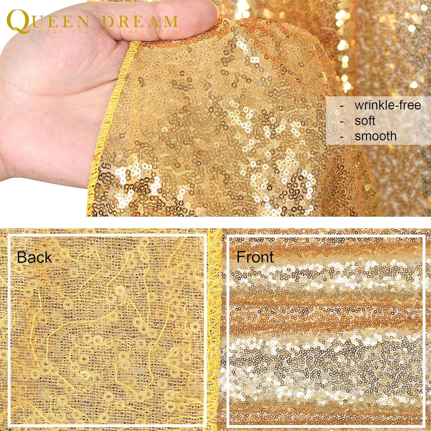 QueenDream Gold Sequin Backdrop Curtain Party Decorations: 10ft x 10ft Glitter Background Sequin Fabric for Wedding Birthday Ceremony