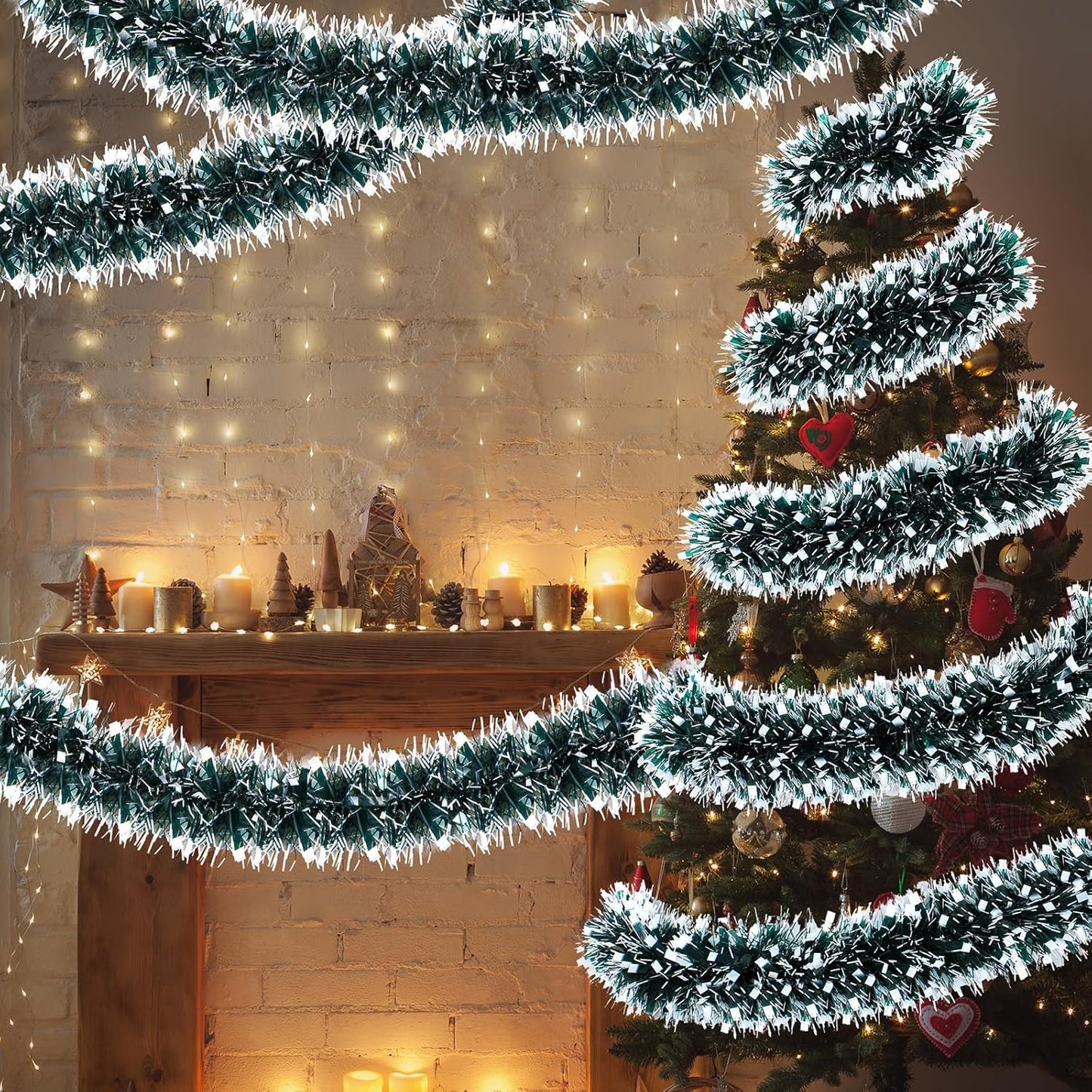 72 Feet Christmas Tinsel Garland Shiny Metallic Tinsel Twist Garland Streamers Ornaments Long Glitter Christmas Tree Hanging Decorations for Party Holiday Wedding Birthday Tree (Dark Green, Black)