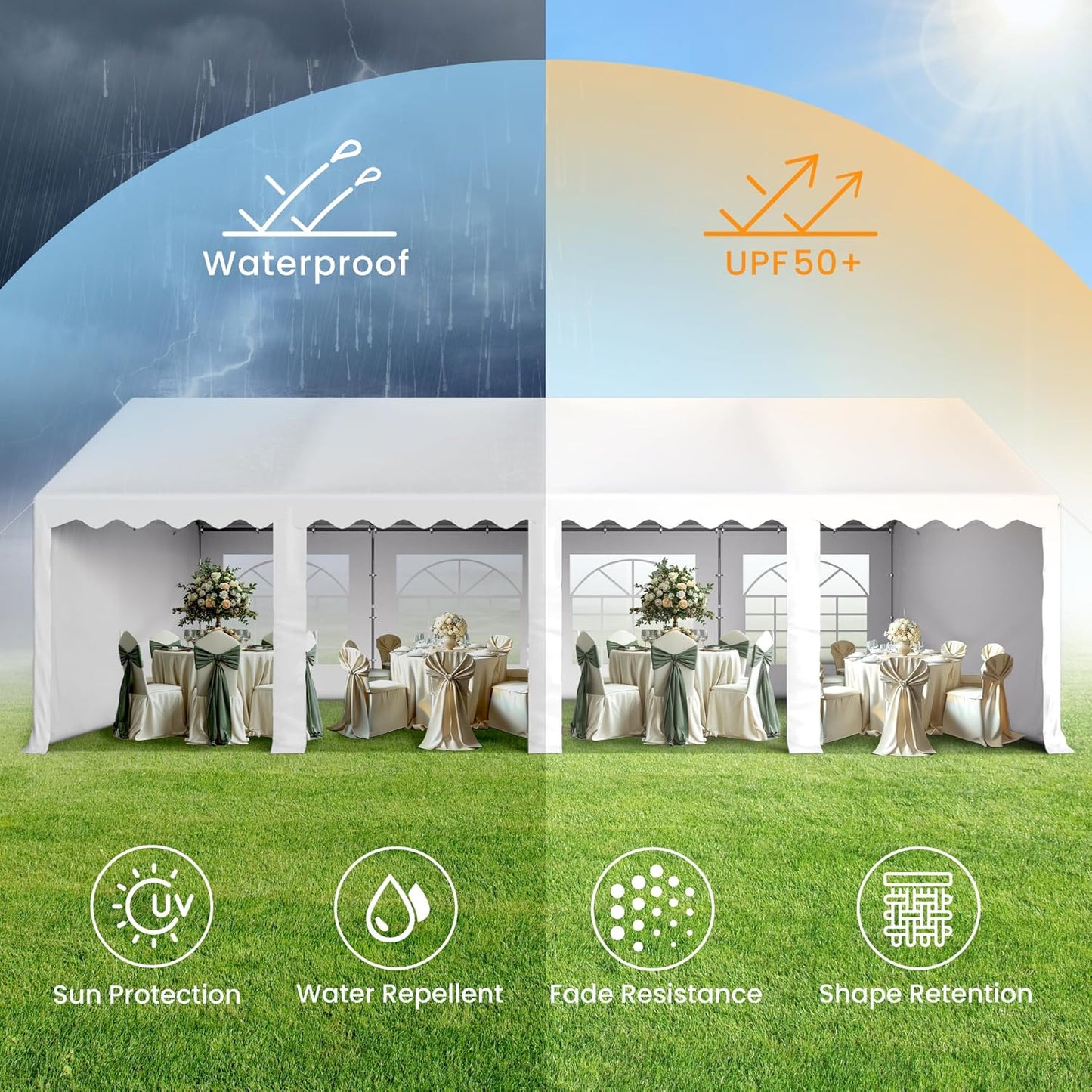 PHI VILLA 26'x13' Outdoor Heavy Duty Party Tent Large Commercial Canopy Wedding Event Tent Shelter Canopy Carport with Removable Sidewalls & 3 Storage Bags for Patio Outdoor Garden Events, White