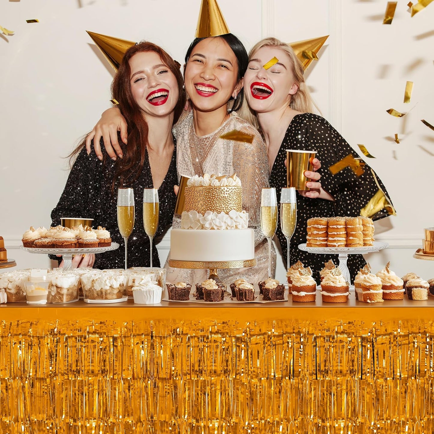 2 Pack Black Orange Table Skirts, 29x108" Metallic Foil Tinsel Fringe Table Skirt for Rectangle Tables Streamer Curtains Backdrop, Party Decorations for Birthdays, Weddings, Holidays