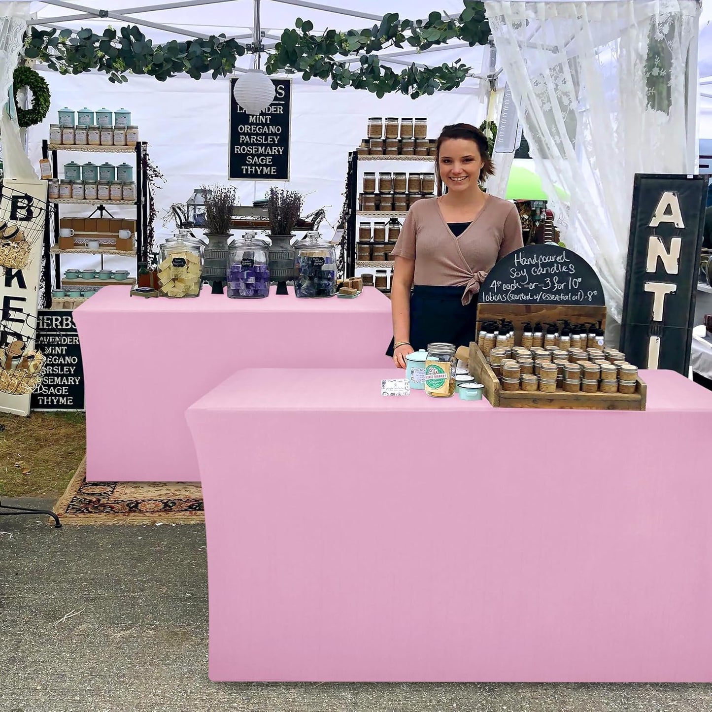 Nasitos Pink Fitted Table Covers Stretch Spandex - 96 x 30 Inch - 2 Pack Rectangle Table Clothes for 8 Foot Folding Tables, Fabric Tablecloths for Parties, Trade Show, Craft Show, Birthday