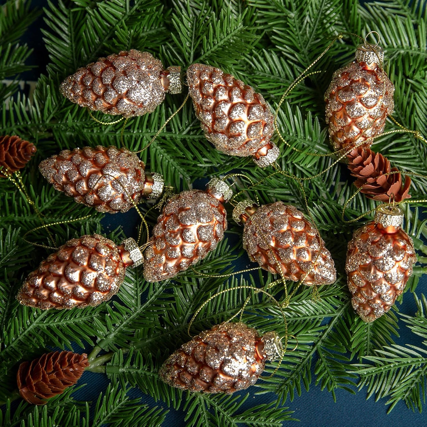Watayo 12 Pcs Christmas Pinecone Glass Ornaments- Fall Hanging Pine Cone Painted Glass Ornaments- Glitter Pinecone Christmas Ornament for Xmas Tree DIY Crafts Fall Thanksgiving Day Decoration