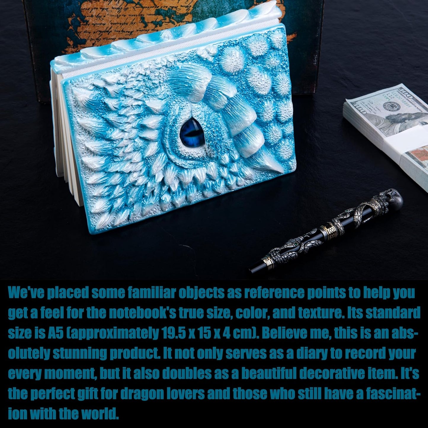 3D Dragon Eye Embossed Journal,Resin Engraving Notebook,Dnd notebook for Dragon Lovers ,Blank Paper,Hardcover Travel Notepad for Writing,Sketchbook,Collection,Gift,Decoration A4 and A5 Size (A5-Ice dragon-Lined-Brooch)