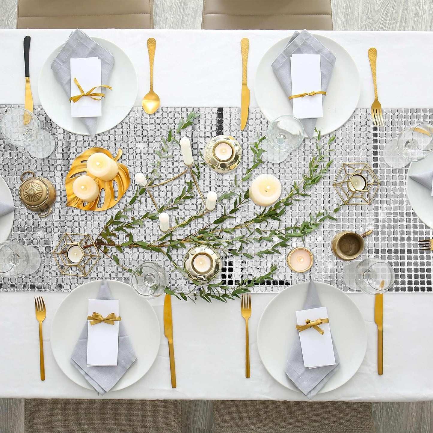 Durony 4 Pack Disco Party Table Runners, 11 x 108 Inch Silver Glitter Foil with Sparkle Sequin, Ideal for Bachelorette, 70s, Disco, Cowgirl Parties