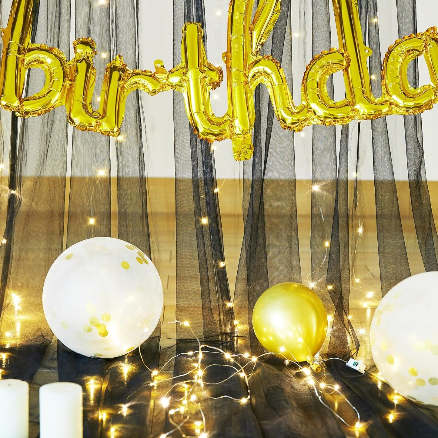 Black Sheer Backdrop Curtains with Lights String for Parties Birthday 10ft × 8ft Black Tulle Backdrop Curtain for Baby Shower Wedding Graduation Halloween Party Photo Shoot Decorations