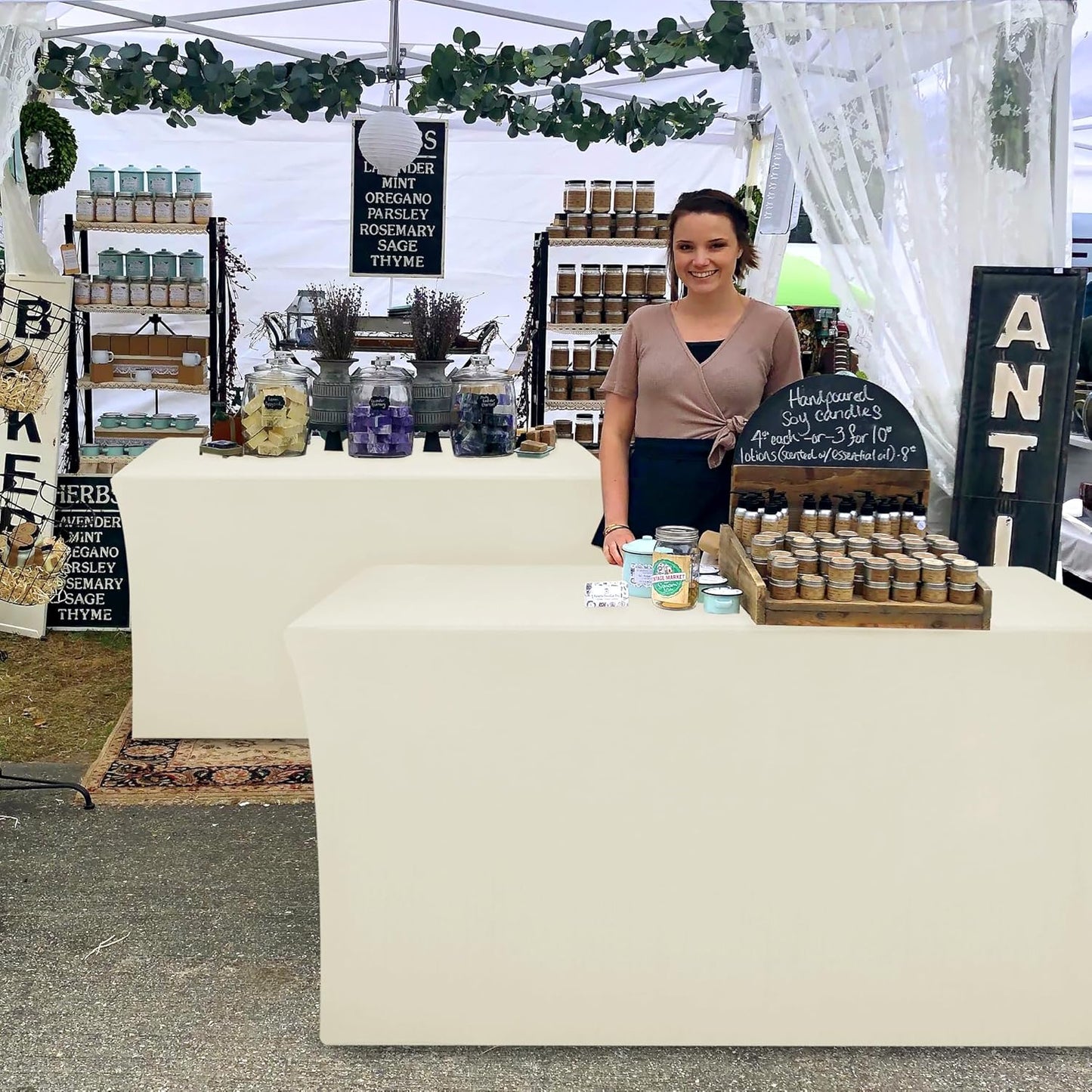 Nasitos Spandex Fitted Table Clothes, 2 Pack - 48 x 24 Inch - Beige Rectangle Tablecloths for 4 Foot Tables, Fabric Cover Protector for Folding, Parties, Craft Show, Trade Show