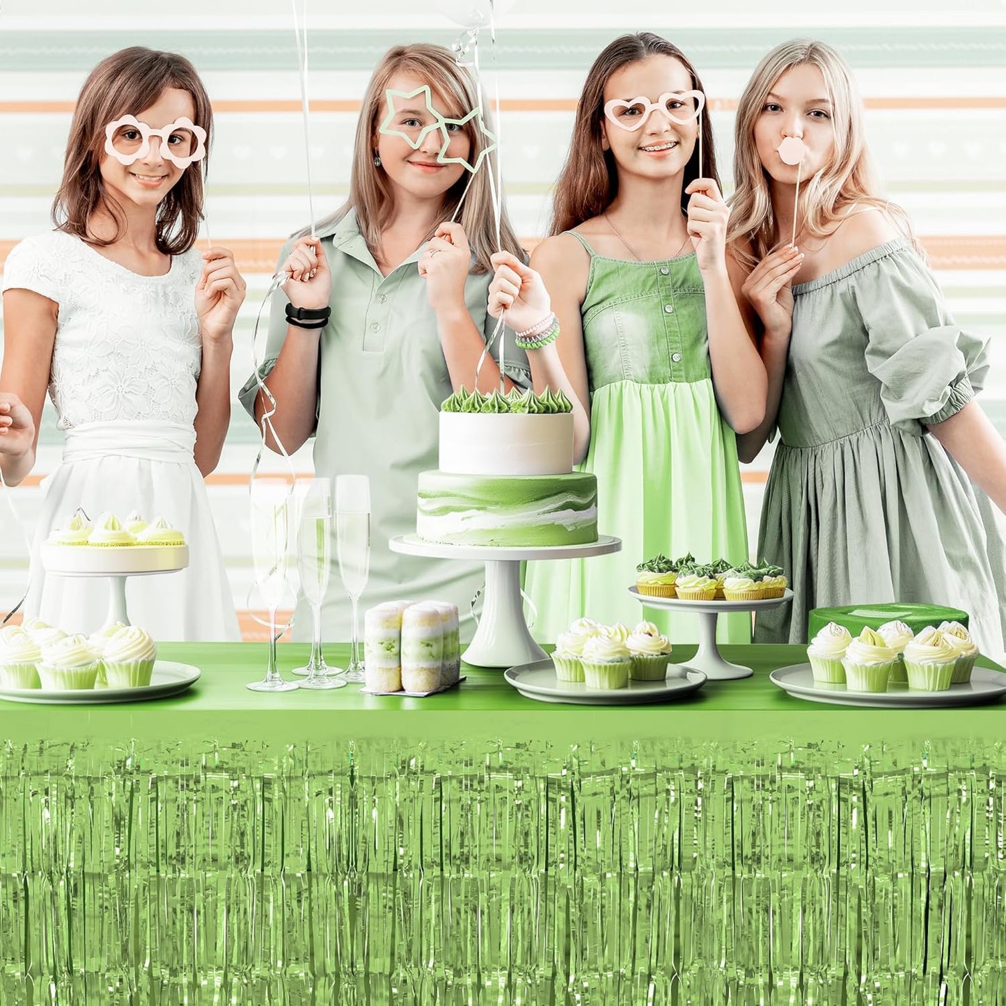 4 Pack Blue Lime Green Purple Series Table Skirts, 29x108" Metallic Foil Tinsel Fringe Table Skirt for Rectangle Tables Streamer Curtains Backdrop, Party Decorations for Birthdays, Weddings, Holidays