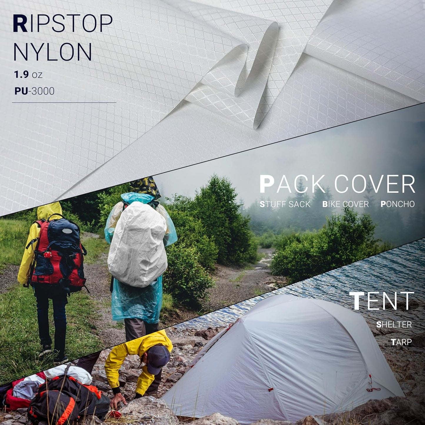 emma kites White Ripstop Nylon PU3000 Waterproof 1.9 oz 70D Diamond Grid Tear Resistant for Tent Rainfly Rain Kilt Poncho Dry Bag Backpack Bike Cover (Selvedge Removed) Pre-Cut 1 Yard