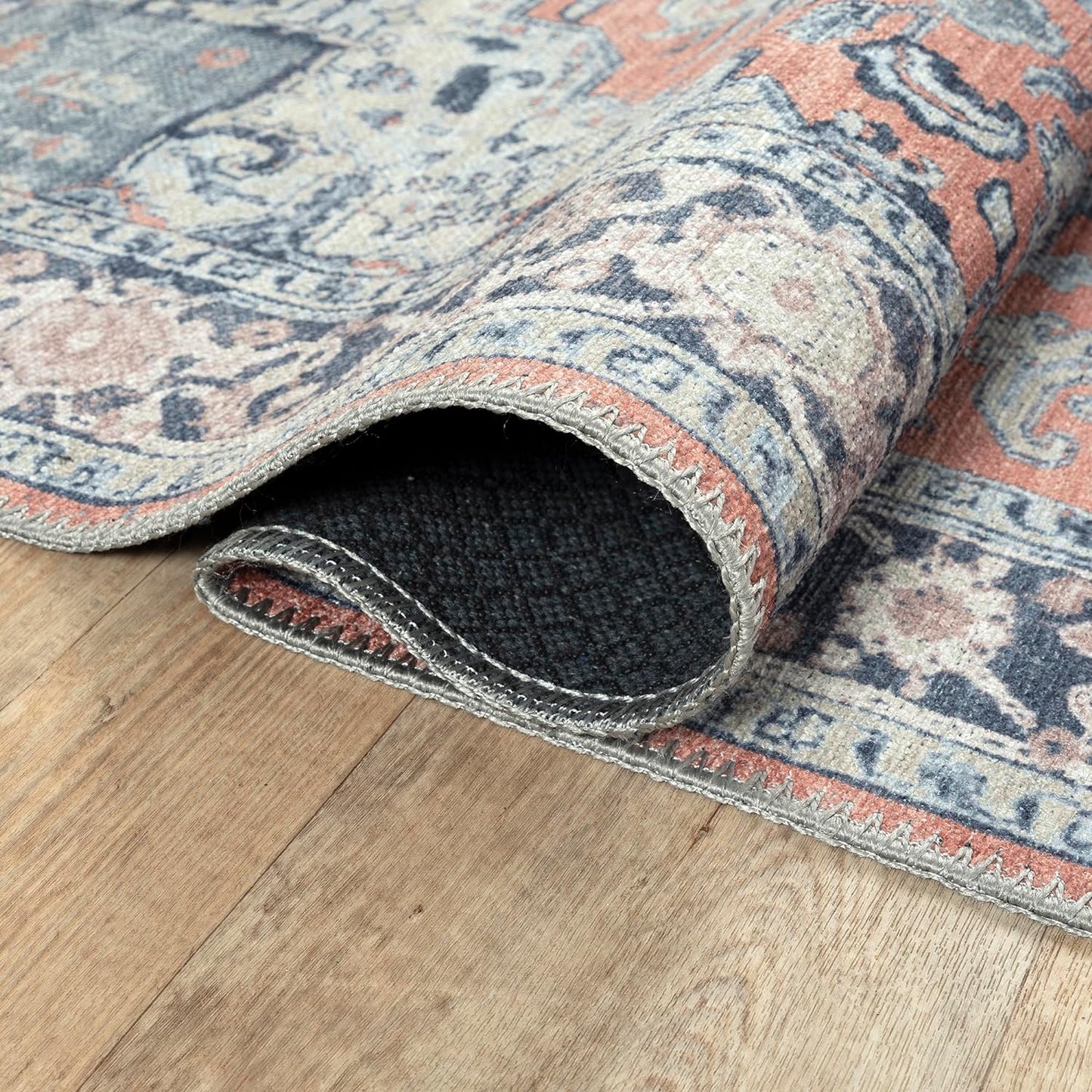 Bloom Rugs Washable Non-Slip 4' x 6' Rug - Coral/Blue Traditional Medallion Area Rug for Living Room, Bedroom, Dining Room, and Kitchen - Exact Size: 4' x 6'