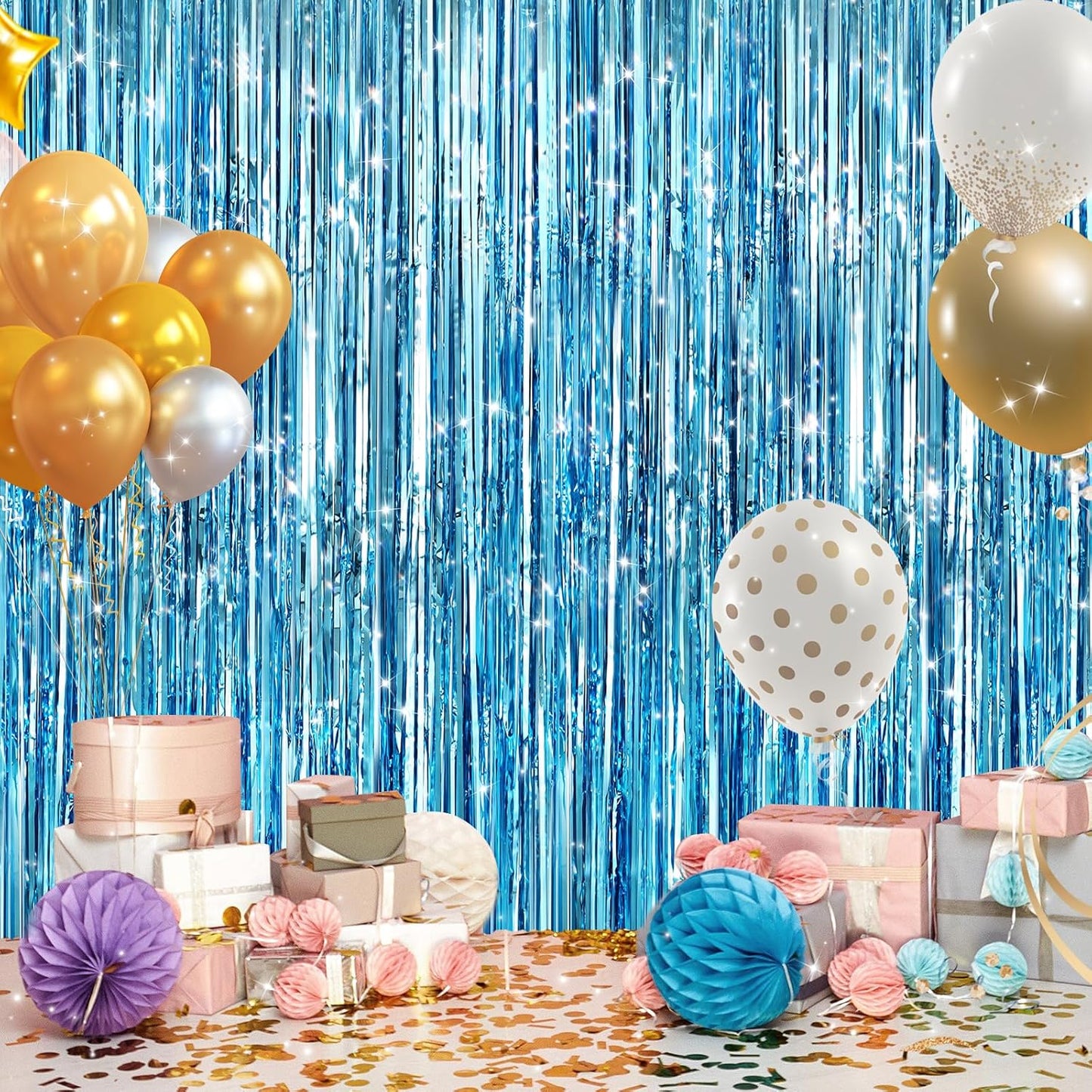 GCB 2Pack Blue Metallic Tinsel Foil Fringe Curtains, Blue Door Streamers Photo Booth Backdrop for Birthday Party, Tinsel Curtain Backdrop for Baby Shower Bachelorette Xmas Party Decorations