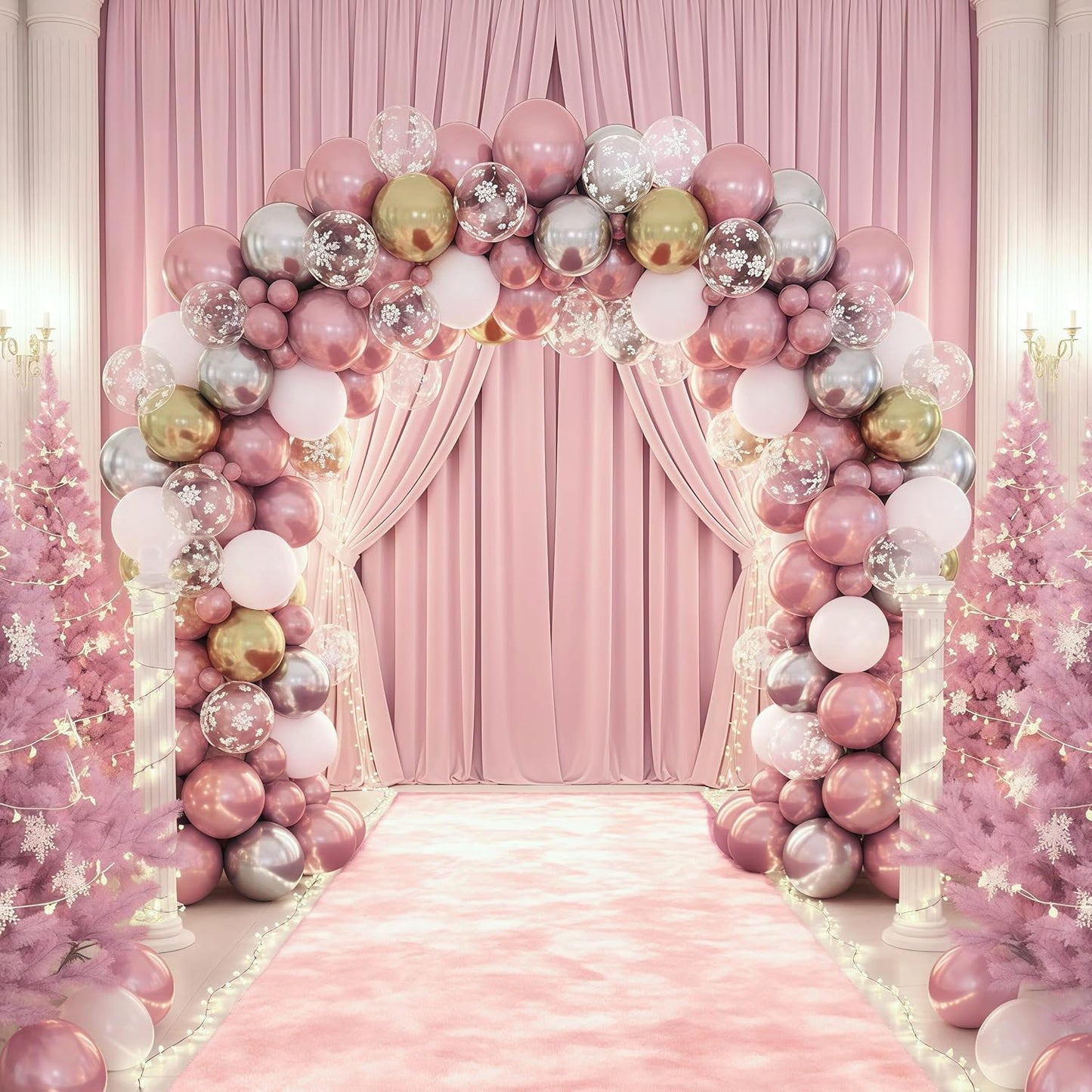 Pink White Winter Wonderland Snowflake Balloons Set, Metallic Light Pink Gold Silver White Snowflake Confetti Balloons for Girl Christmas Birthday Winter Onederland Baby Shower Xmas Party Decorations