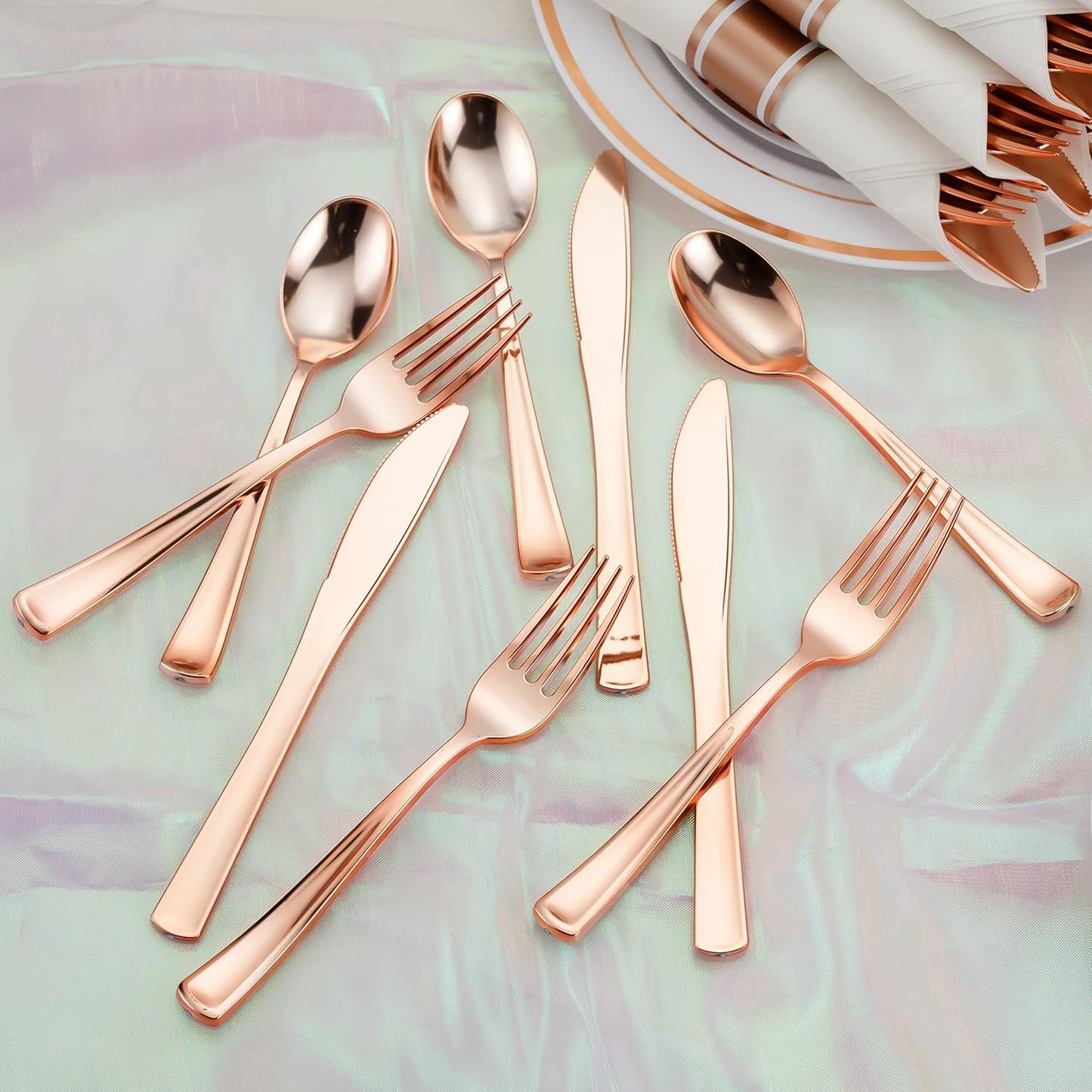 50 Pack Pre Rolled Rose Gold Plastic Silverware Set with Napkins,Disposable Wrapped Heavy Duty Cutlery Set for Wedding Birthday Party-50 Forks,Knives,Spoons,Utensils Set,Plasticware Bulk