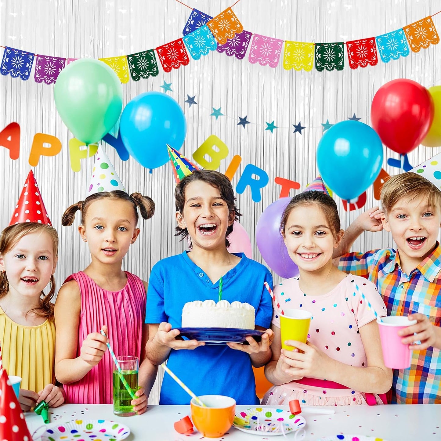 BTSD-home 4 Pack 3x 8ft White Foil Fringe Curtain Backdrop Party Streamers Decorations Metallic Photo Booth Tinsel Theme Bachelorette Graduation Wedding Birthday Bridal Shower Christmas Decor Supplies