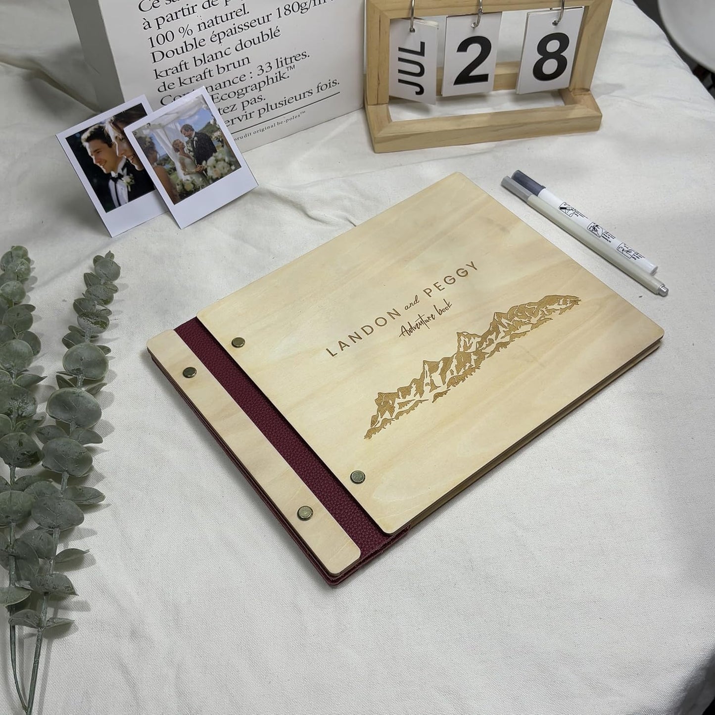 NBE Personalized Wooden Guest Book - Custom Wedding Sign-In Book with Burgundy Spine - Rustic Photo Album for Messages & Polaroids - Couples Keepsake Memory Gift (8.5x11.5 Inches)