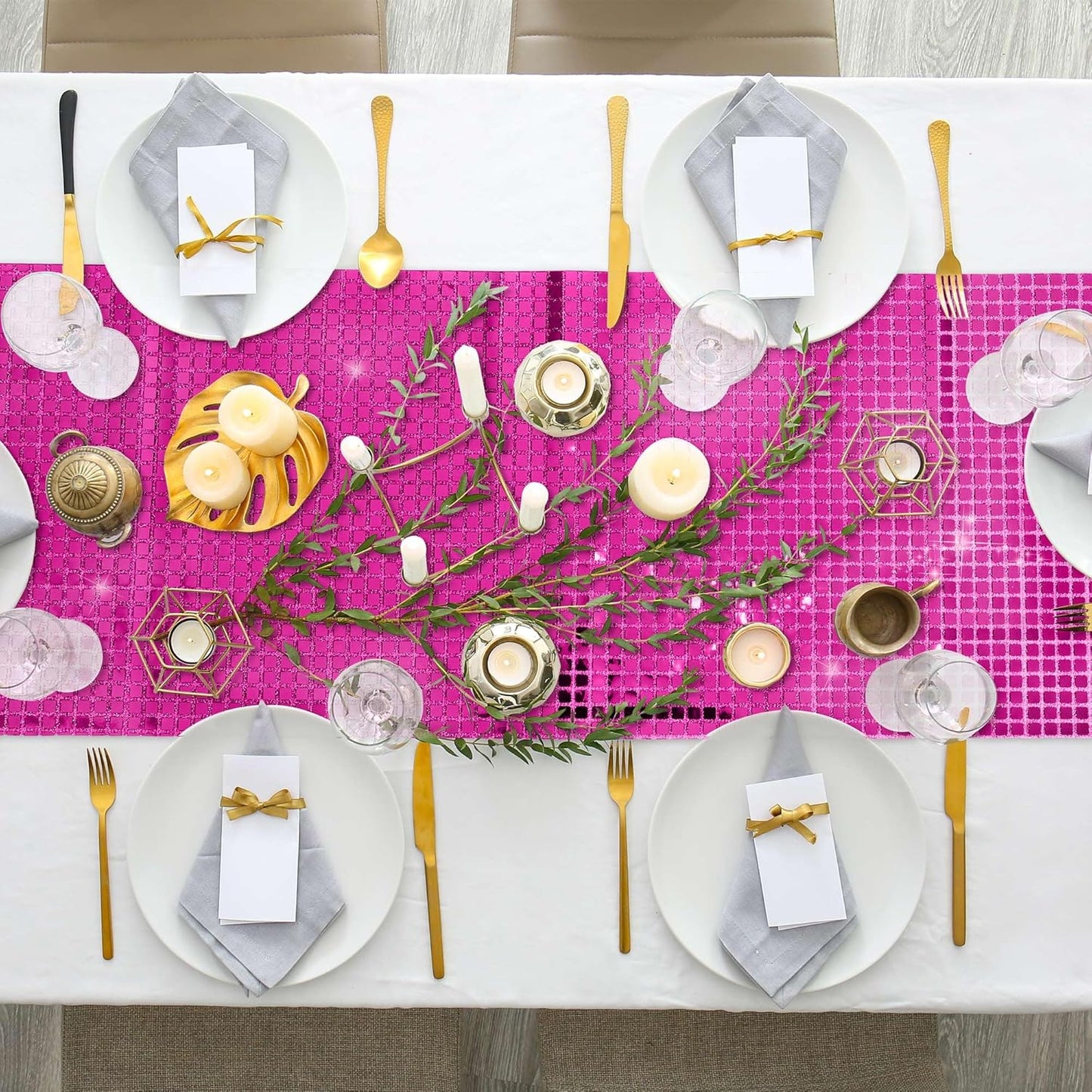 Durony 4 Pack Disco Table Runner 11 x 108 Inch Mirror Hot Pink Glitter Foil With Sparkle Sequin for Bachelorette, 70s, Cowgirl Party Decorations