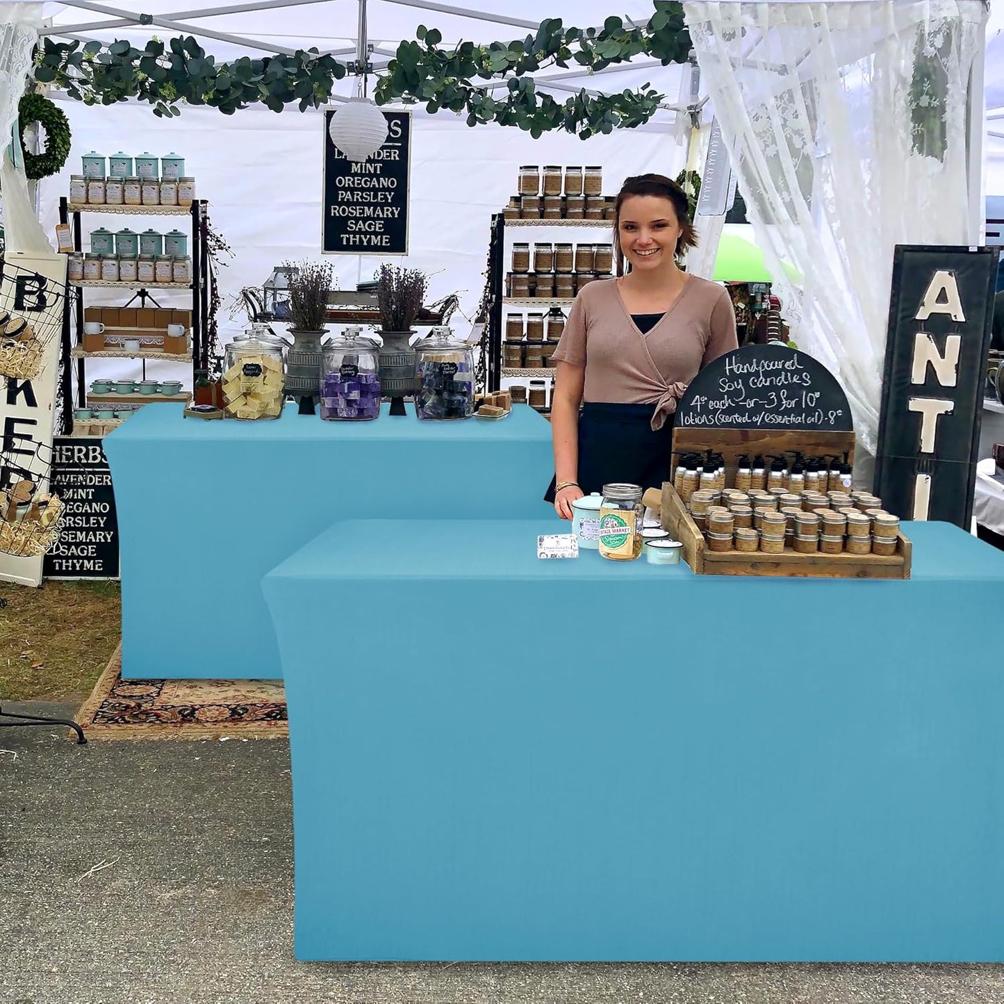 Nasitos Fitted Table Covers Stretch Spandex - 96 x 30 Inch - 2 Pack Turquoise Rectangle Table Clothes for 8 Foot Folding Tables, Fabric Tablecloths for Parties, Trade Show, Craft Show