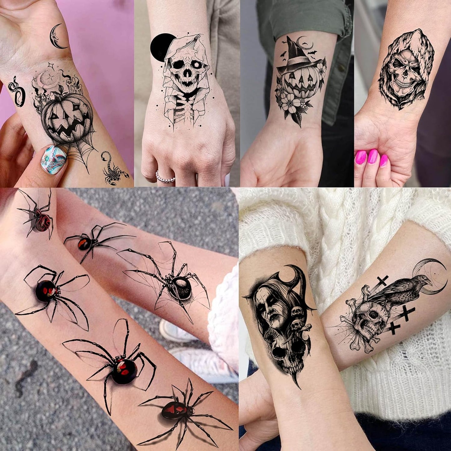 61 Sheets Halloween Temporary Tattoos for Men Women Adults, 12 Sheets Skeleton Death Skull Demon Devil Half Arm Sleeve Fake Tattoo Stickers, 49 Sheets Spider Web Bat Snake Vampire Scar Face Tattoos