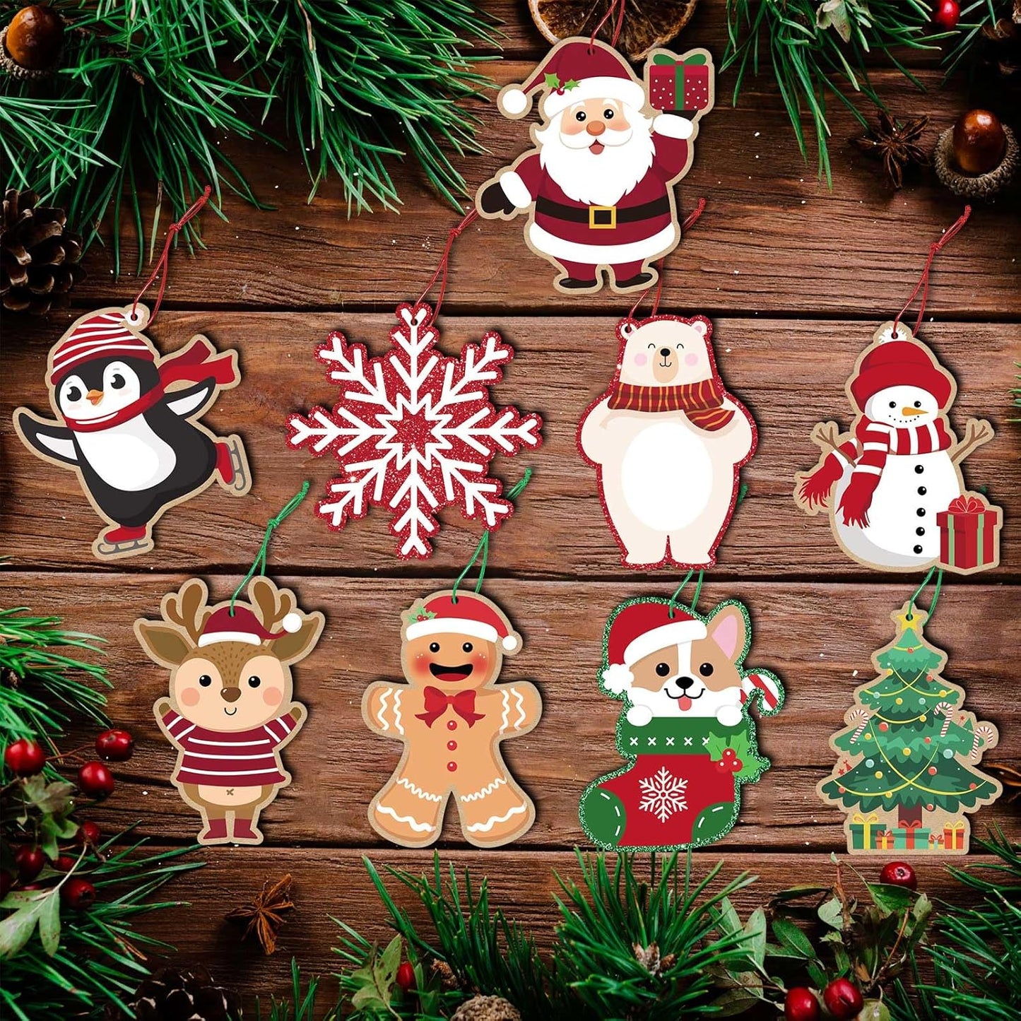 Glitter Printed Xmas Gift Labels - 63Pcs Christmas Name Tags with String and Reindeer, Santa, Snowman Gift Labels for DIY Holiday Present Wrapping