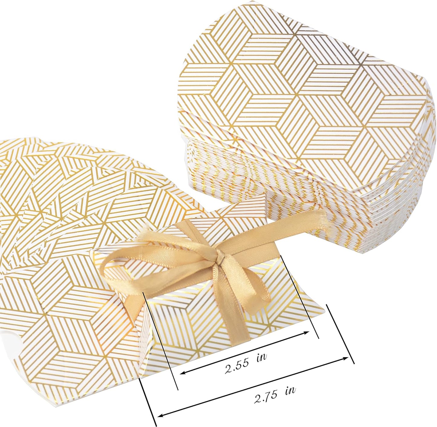Aokbean 100 Pack Mini Pillow Candy Box Small Gift Boxes with 50 Yards Ribbon for Christmas Wedding Party Favor Gift, Jewelry or Soap Packaging (Gold Stripes)