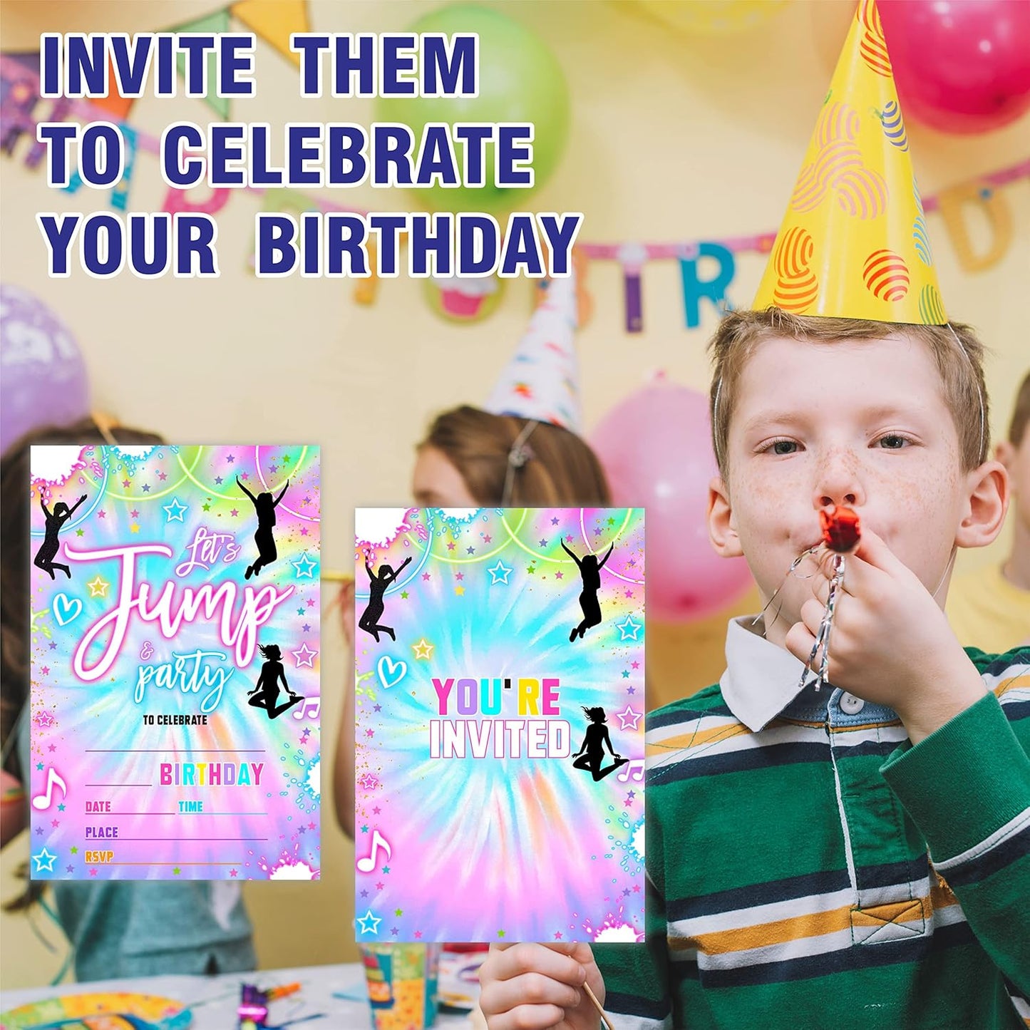 Tie Dye Trampoline Birthday Invitations,Let's Jump! Birthday Party Invite Cards(20 Count) With Envelopes, Fill In Style Invite Cards For Boys & Girls, Birthday Party Supplies-B06