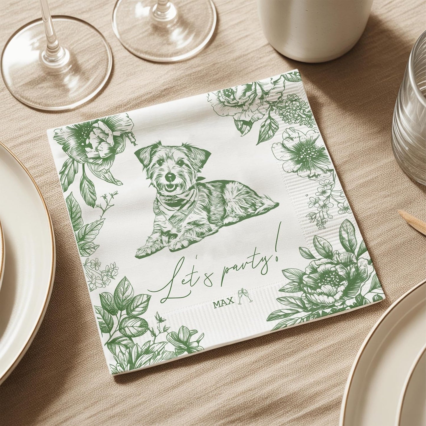 Luxury Personalized Dog Wedding Napkins, Photo Napkins for Dog, Custom Wedding Cocktail Napkin, Blue Floral Cocktail Napkin, Paper for Pet Lovers, Bridal, Engagement Party, Bridal Shower