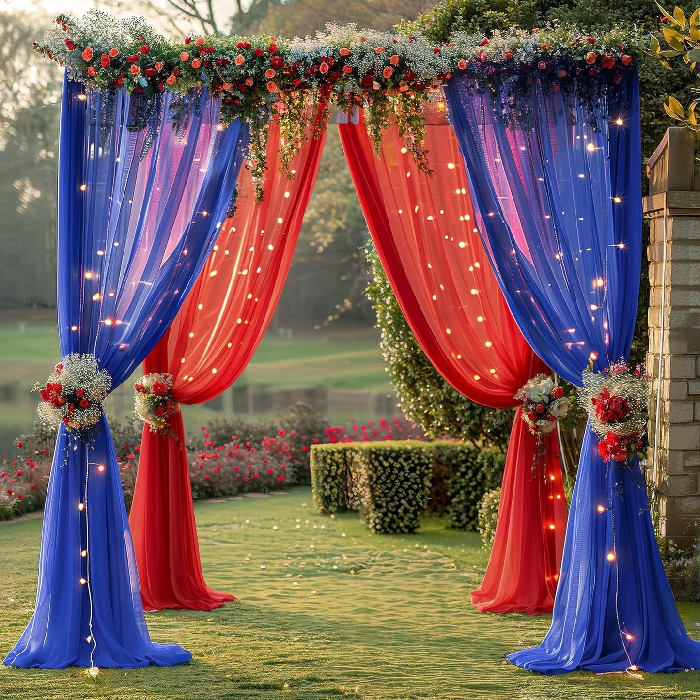 10×10ft Royal Blue Red Tulle Backdrop Curtain with Lights String for Parties, Sheer Photo Backdrop Curtains for Wedding Party Photography Background