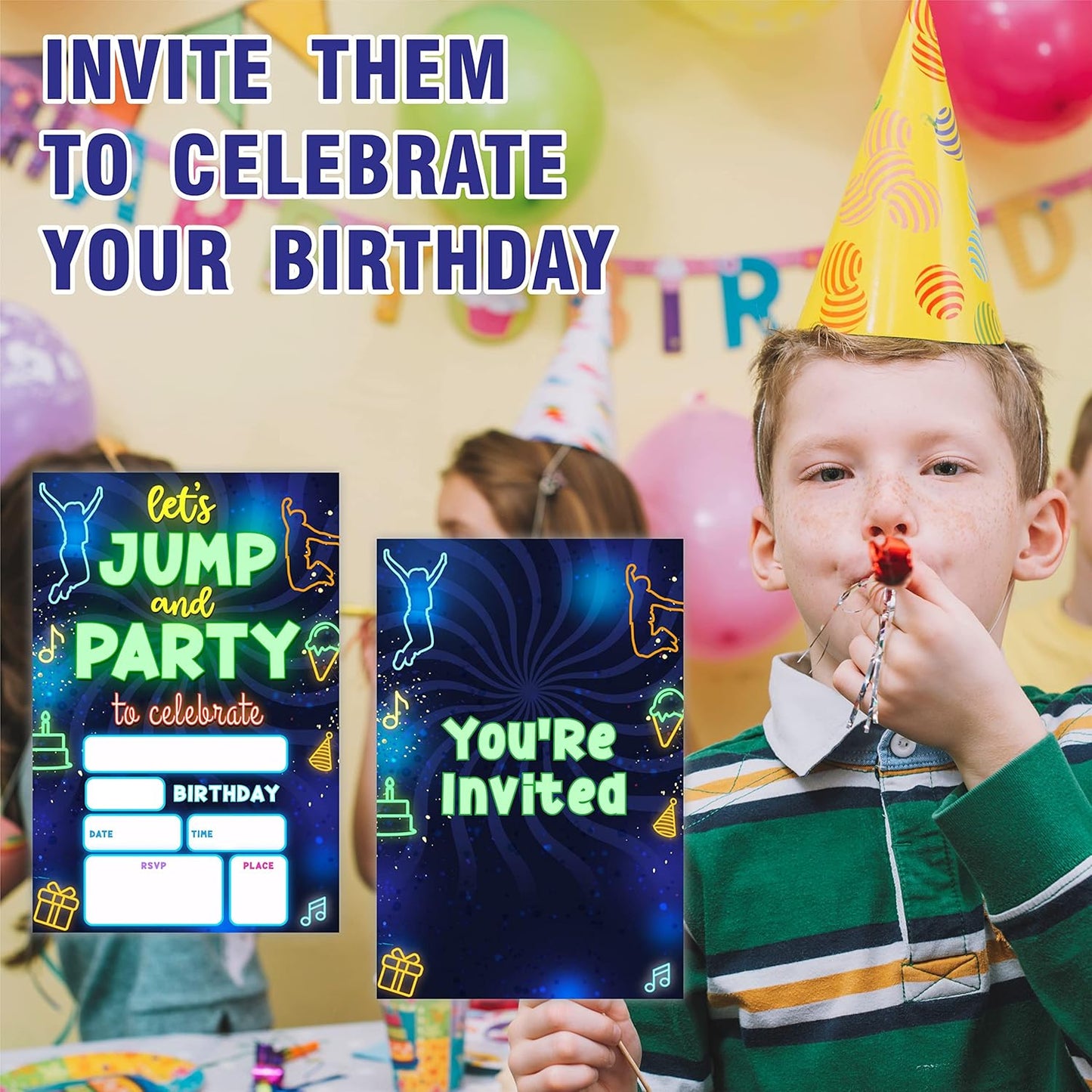 Glow Trampoline Birthday Invitations, Let's Jump & Party Birthday Invite Cards(20 Count) With Envelopes, Neon Double-Sided Fill In Style Invite Cards For Boys & Girls, Birthday Party Supplies-B07