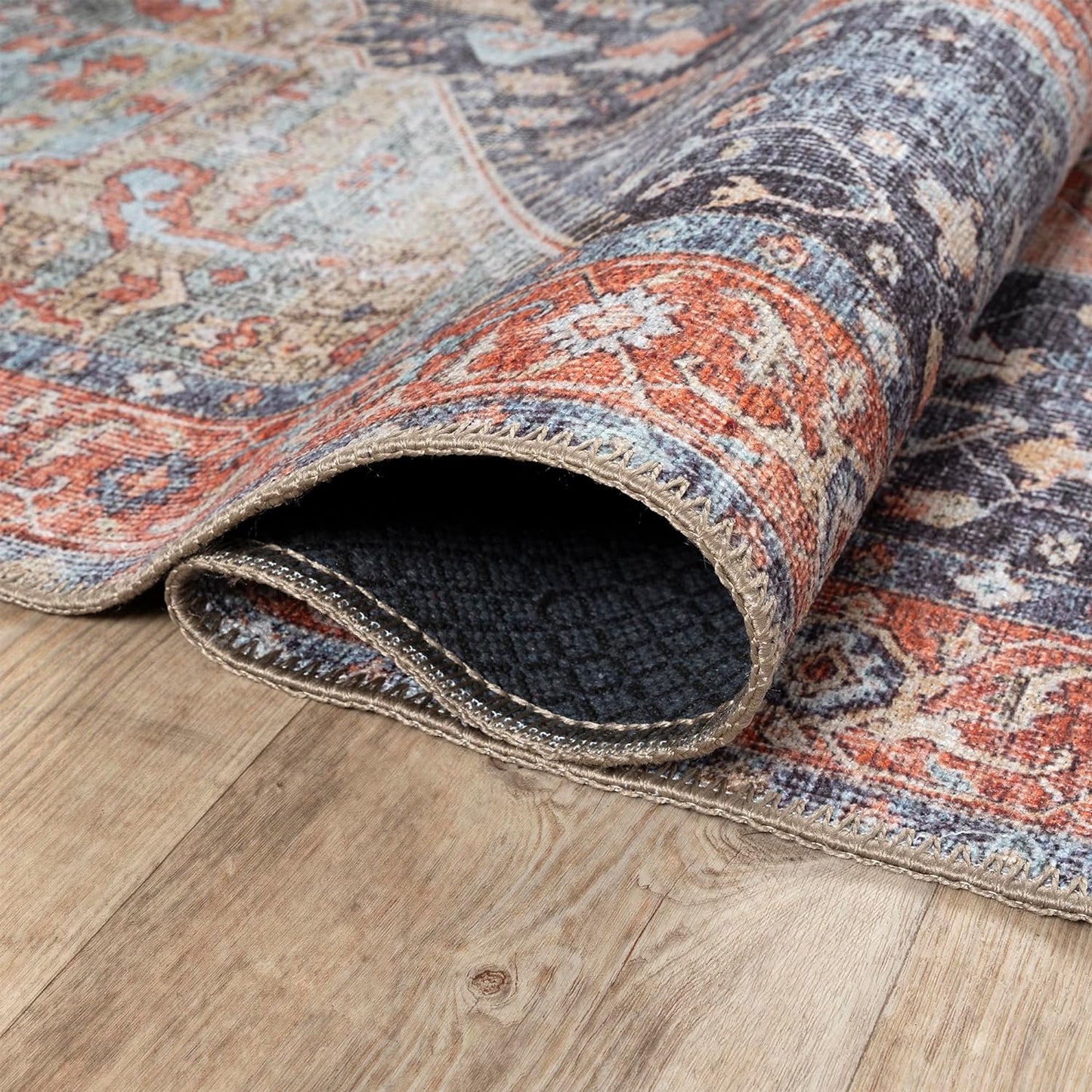 Bloom Rugs Washable Non-Slip 4' x 6' Rug - Terracotta/Blue Traditional Medallion Area Rug for Living Room, Bedroom, Dining Room, and Kitchen - Exact Size: 4' x 6'