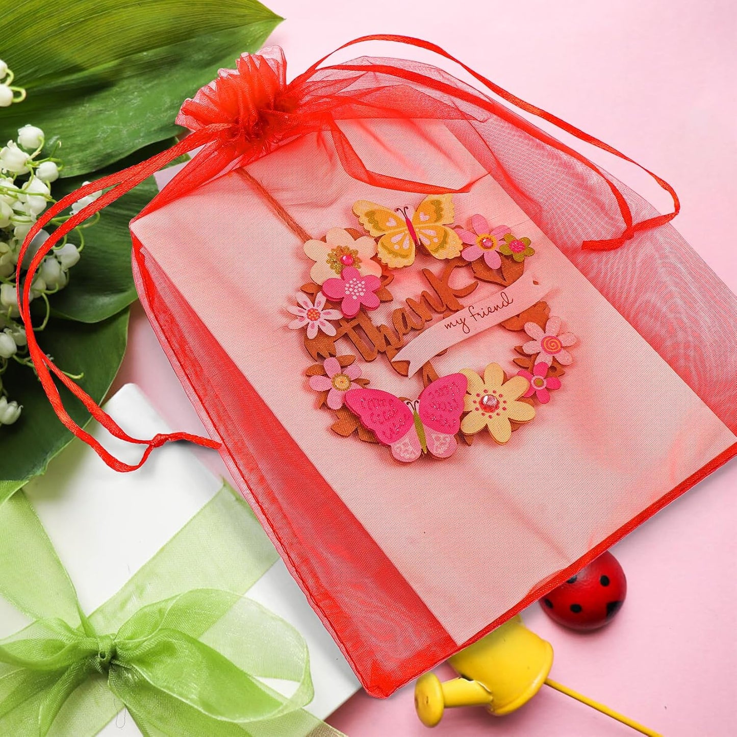 ANZNKU 50 Pack Red Organza Bags 6x9 inches Mesh Bags Drawstring, Sheer Mesh Bag Drawstring, Gift Bag for Party, Christmas Wedding Mesh Festival Makeup Favor Pouch