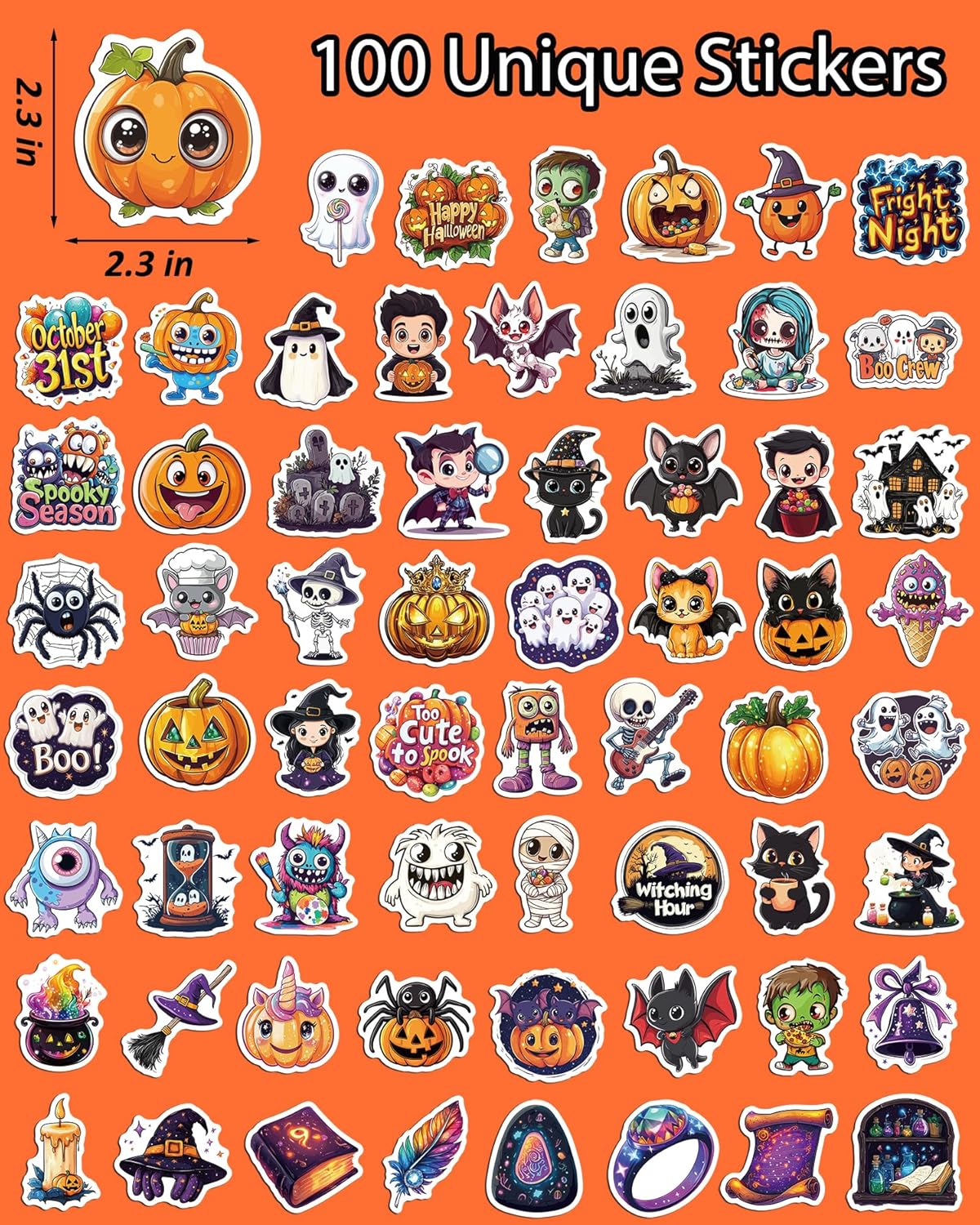 JCFIRE Halloween Stickers for Kids, 100 PCS Halloween Party Favors, Waterproof Cute Vinyl Stickers for Water Bottle Crafts, Party Decorations Supplies, Goodie Bags Stuffers Kids Gift Toys Games Treats