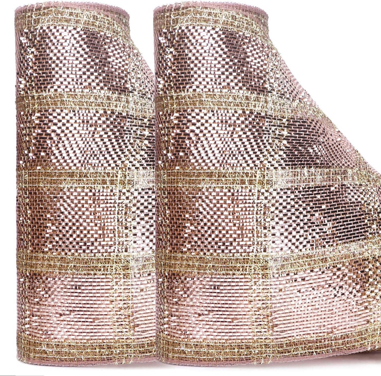 Ribbli 2 Rolls Rose Gold Metallic Mesh Ribbon Rose Gold Deluxe Foil and Glitter Strip Christmas Ribbon for Christmas Tree Wreath Swags Wedding Garland 10 inch x 30 feet(10Yard) Per Roll