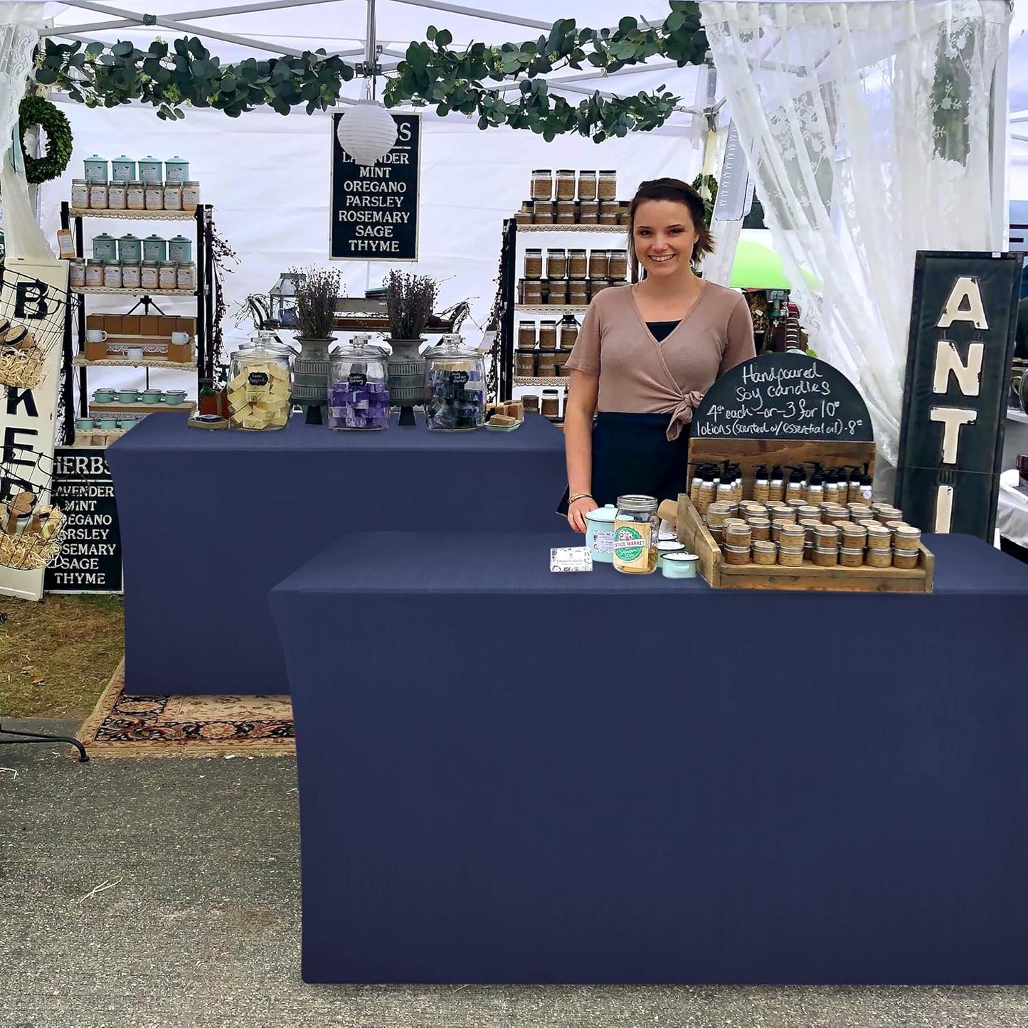 Nasitos Fitted Table Covers Stretch Spandex - 96 x 30 Inch - 2 Pack Navy Rectangle Table Clothes for 8 Foot Folding Tables, Fabric Tablecloths for Parties, Trade Show, Craft Show, Birthday