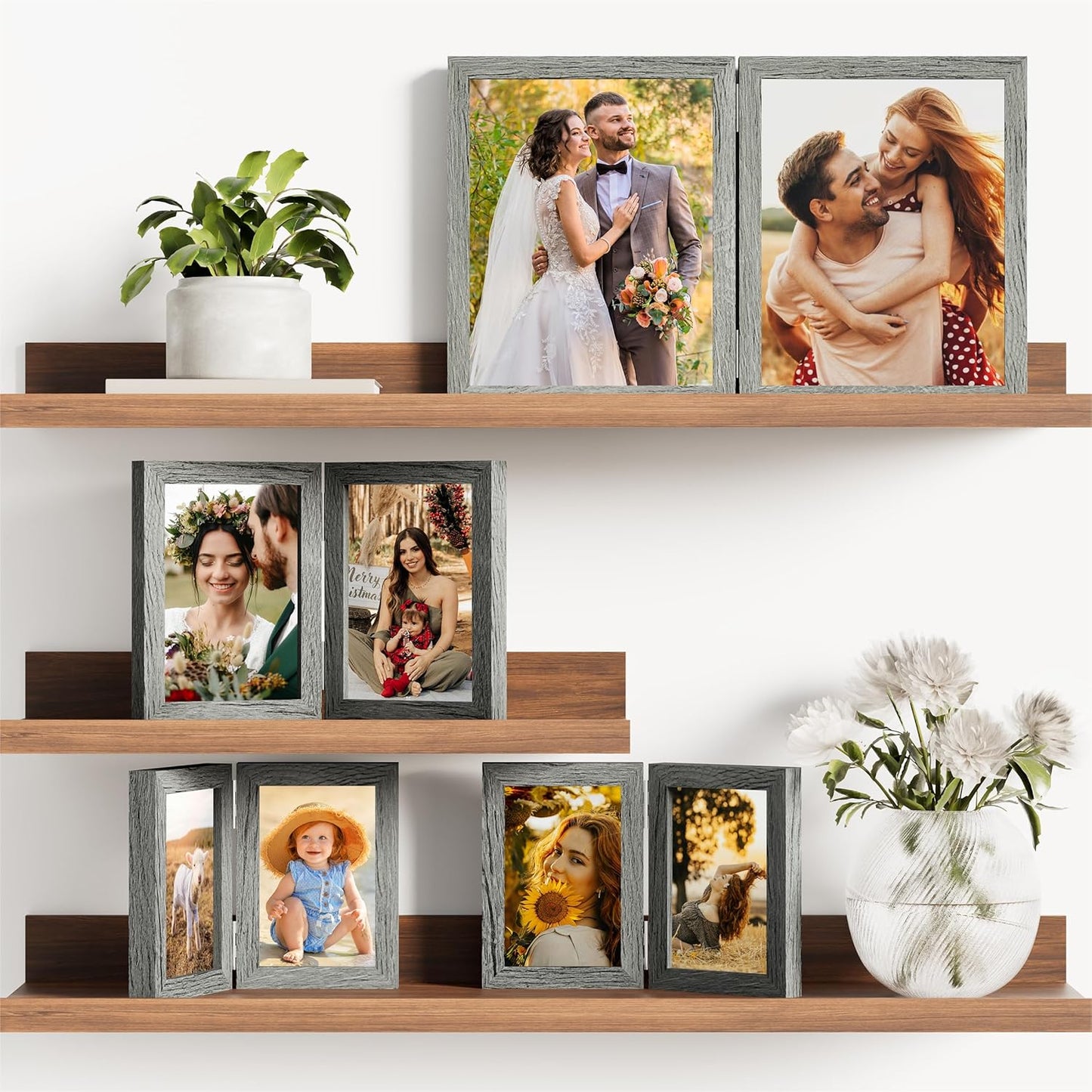 decorUhome Double 5x7 Picture Frame Vertical, Engineered Wood Bifold Photo Frame with Plexiglass for Tabletop Display, 5x7, Grey