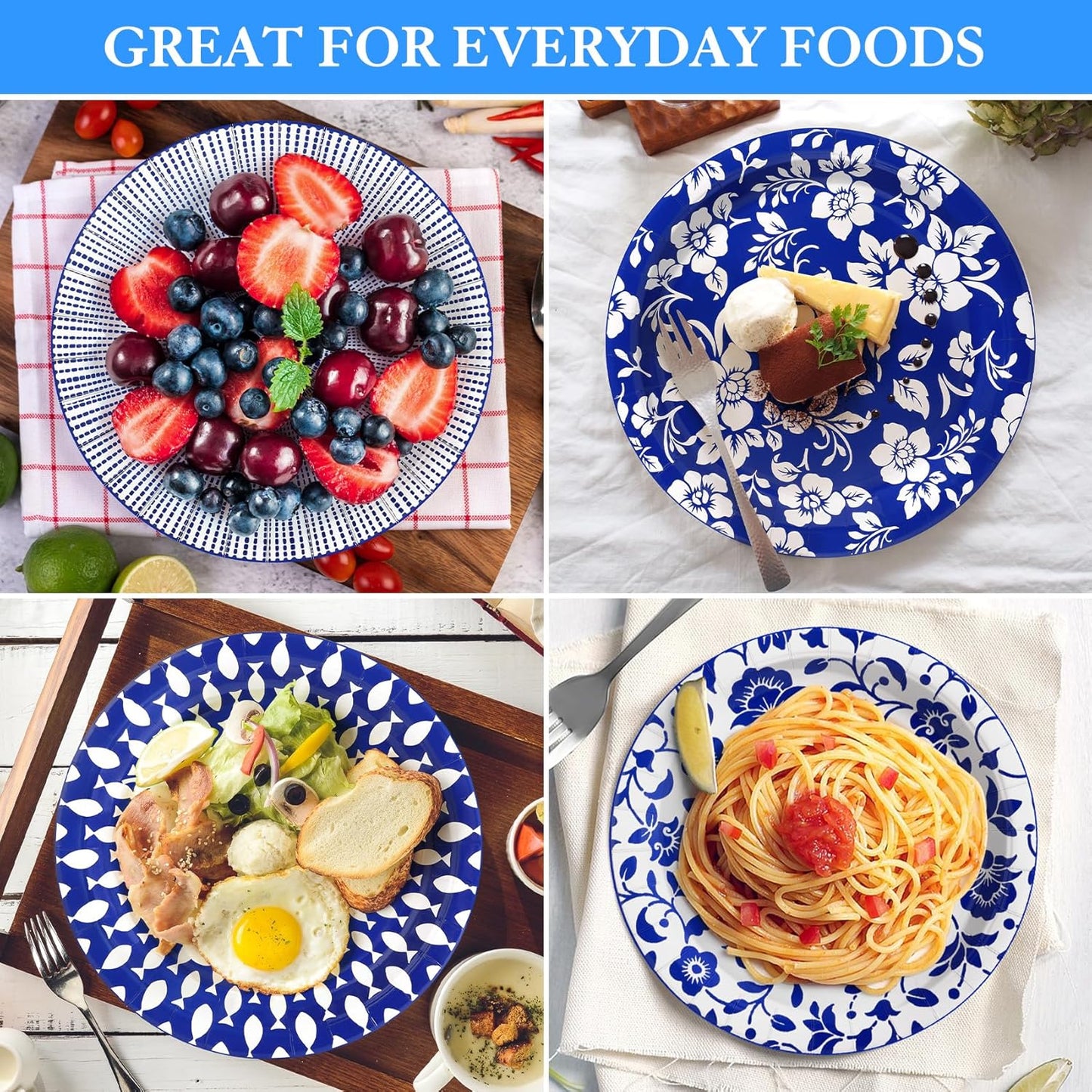 90 Pcs Paper Plates 10 Inch Bulk Thick Heavy Duty Disposable Plates Printed Blue and White Plate for Party, Wedding, Birthday, Tea, Picnic Barbecue, Everyday Use, Soak Proof, Cut Proof