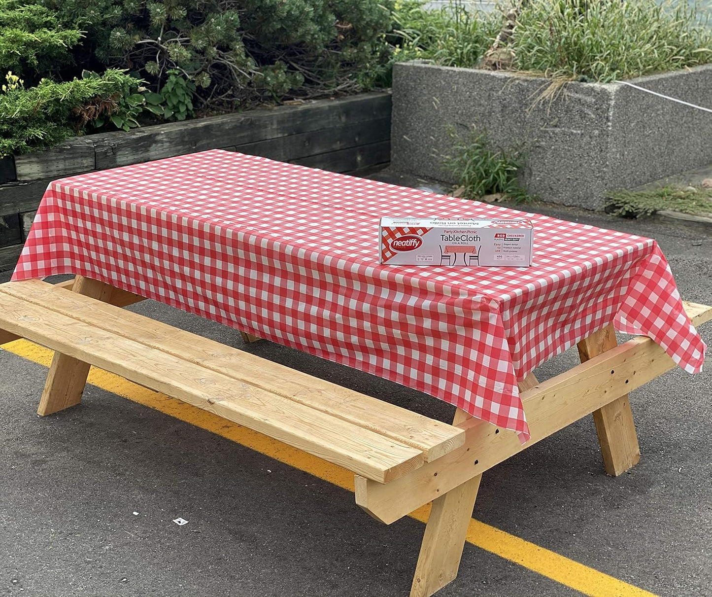 Neatiffy Disposable Plastic Table Cloth Roll | 54 in x 108 Ft Waterproof Tablecloth | Table Cover for Rectangle, Square, Round Oval Tables | Picnic, Party, Banquet, Birthdays, Weddings, Red Checkered
