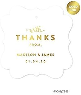 Andaz Press Personalized Fancy Frame Square Wedding Gift Tags, Metallic Gold Ink, with Thanks from, 24-Pack, Custom Made Any Name