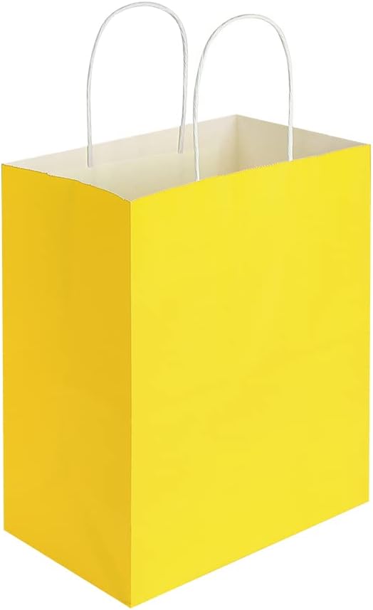 Oikss 50 Pack 8x4.75x10 Inch Medium Yellow Kraft Paper Bags with Handles Bulk for Birthday Wedding Party Favors Grocery Retail Shopping Takeout Business Goody Craft Gift Bags Sacks, (50pcs Count)