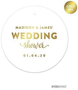 Andaz Press Personalized Round Circle Wedding Gift Tags, Metallic Gold Ink, Wedding Shower, 24-Pack, Custom Made Any Name